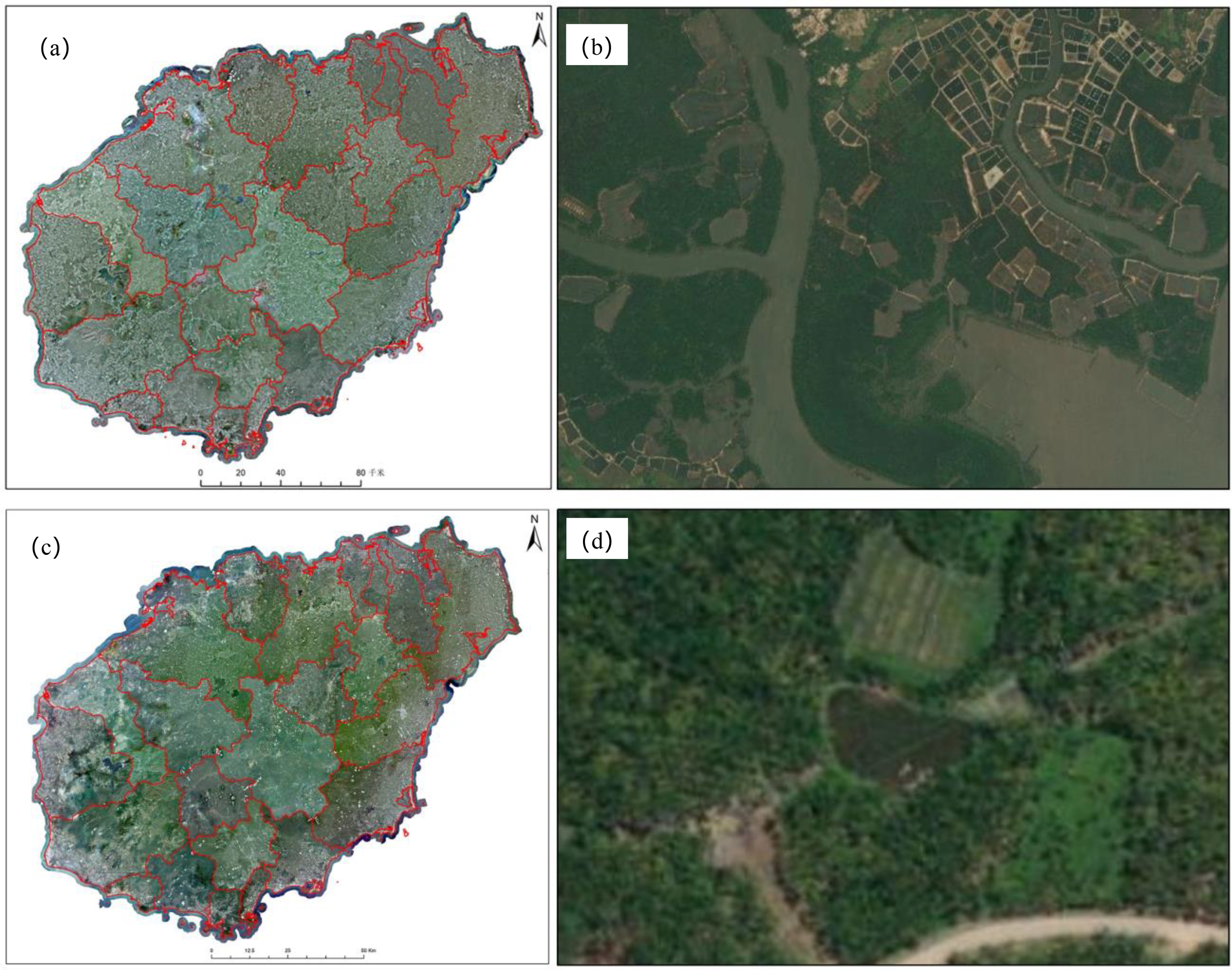 Panel (a) shows a map with outlined regions highlighted in red and blue borders. Panel (b) displays a satellite image of a river with grid-like structures. Panel (c) presents a map similar to panel (a) with slightly different coloring. Panel (d) shows a close-up of vegetation and a small pond with visible terrain lines.