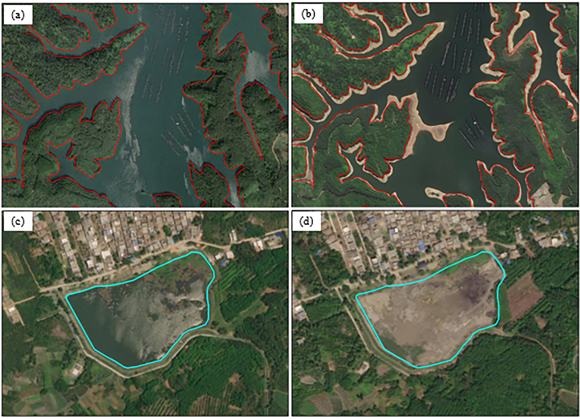Four satellite images labeled (a) to (d). Images (a) and (b) show a body of water surrounded by dense green vegetation outlined in red. Images (c) and (d) depict a waterbody within a semi-urban area, outlined in blue. Image (c) shows more water compared to image (d), indicating changes over time.