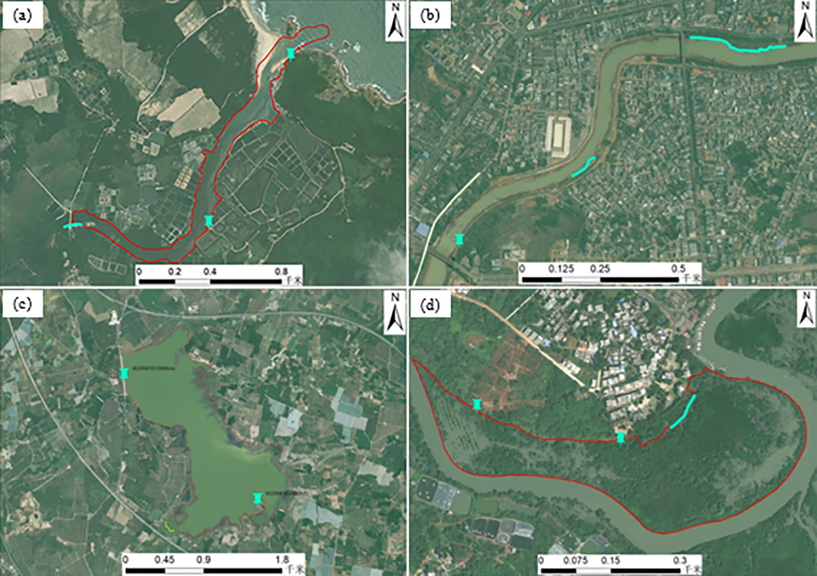 Four satellite images labeled (a) to (d). Image (a) shows a coastal area with a red outlined path. Image (b) depicts an urban river scene with a highlighted section. Image (c) features a large body of water with a red demarcation. Image (d) displays a small settlement near a curved river with a marked path. Each image includes a scale for distance reference.