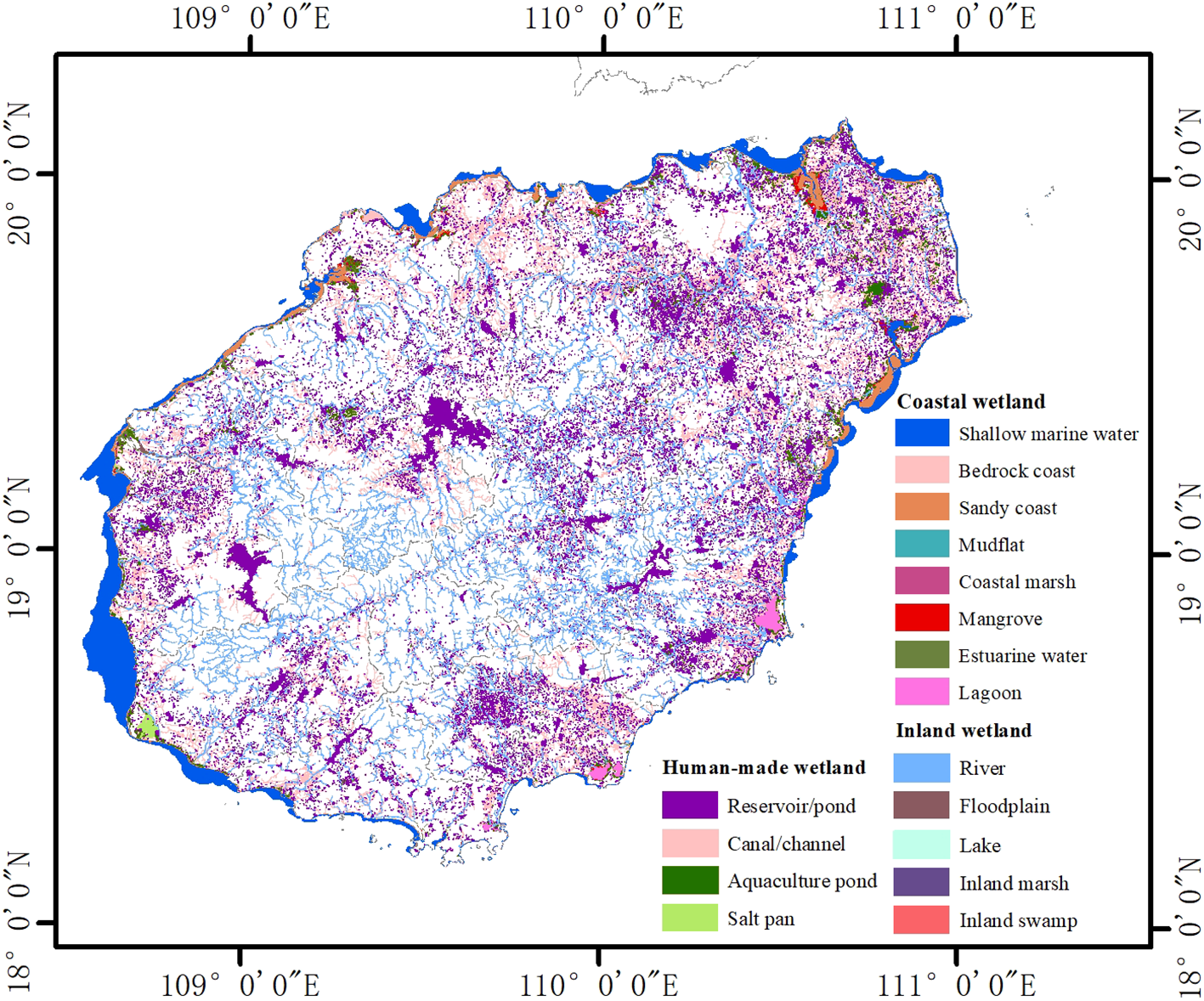 Map of a region showing various types of wetlands. Coastal wetlands include shallow marine water, bedrock coast, sandy coast, mudflat, coastal marsh, mangrove, estuarine water, and lagoon. Inland wetlands include river, floodplain, lake, inland marsh, and inland swamp. Human-made wetlands consist of reservoirs or ponds, canals or channels, aquaculture ponds, and salt pans. Each type is represented by a different color on the map. Geographic coordinates are provided along the edges.