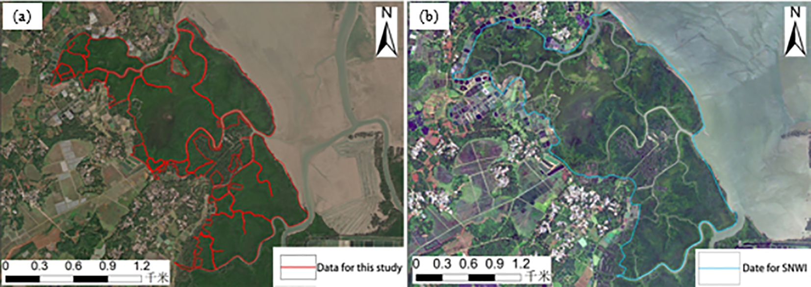 Satellite images showing two geographic areas. (a) highlights study data outlined in red, while (b) displays SNWI data outlined in blue. Both images include agricultural and forested lands with a river nearby. Directional arrows and scales are provided for reference.