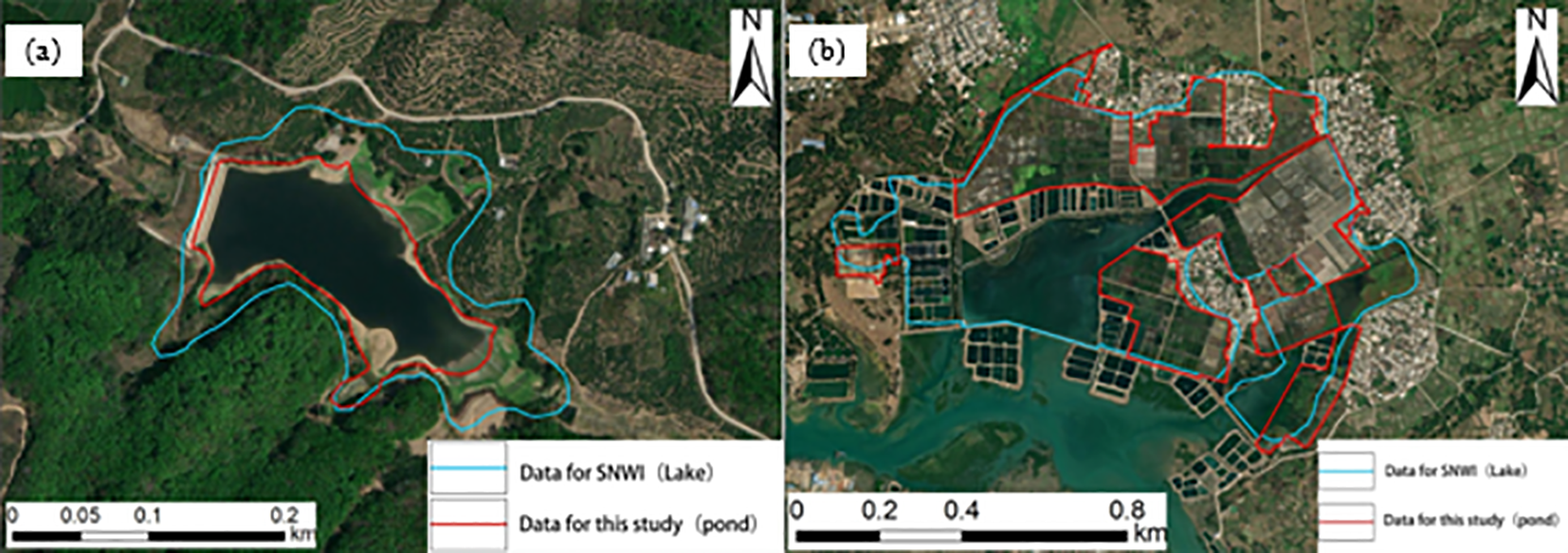 Two aerial maps labeled (a) and (b). Map (a) shows a lake with blue and red outlined areas labeled “Data for SWNI (Lake)” and “Data for this study (pond).” Map (b) displays a developed area surrounding a water body with similar blue and red outlines. Both maps include scale bars and north indicators, showing size and orientation.