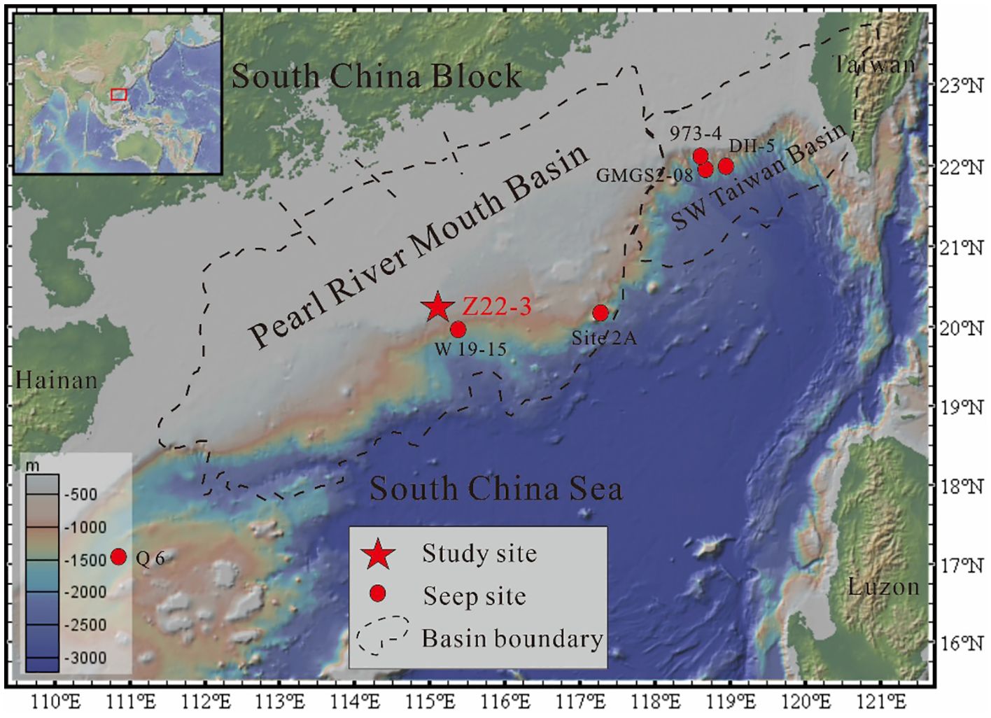 Map of the South China Sea showing the Pearl River Mouth Basin and Southwest Taiwan Basin. Various locations are marked, including study sites and seep sites like Z22-3 and Q6. The map features bathymetric data with depths varying from 500 meters to 3,000 meters as indicated in the legend. Boundaries of the basins are outlined with dashed lines. An inset map shows the broader geographical context of the area.