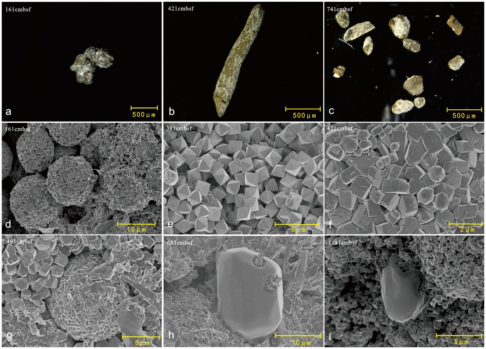 Nine microscopic images showing various mineral samples and textures from different depths, labeled with scales for size reference. Images a, b, and c are wider views of samples at depths 161, 421, and 741 cm below the sea floor. Images d to i feature close-ups, revealing granular textures and crystal formations at depths ranging from 161 to 1341 cm below the sea floor, with scales indicating micrometer measurements.