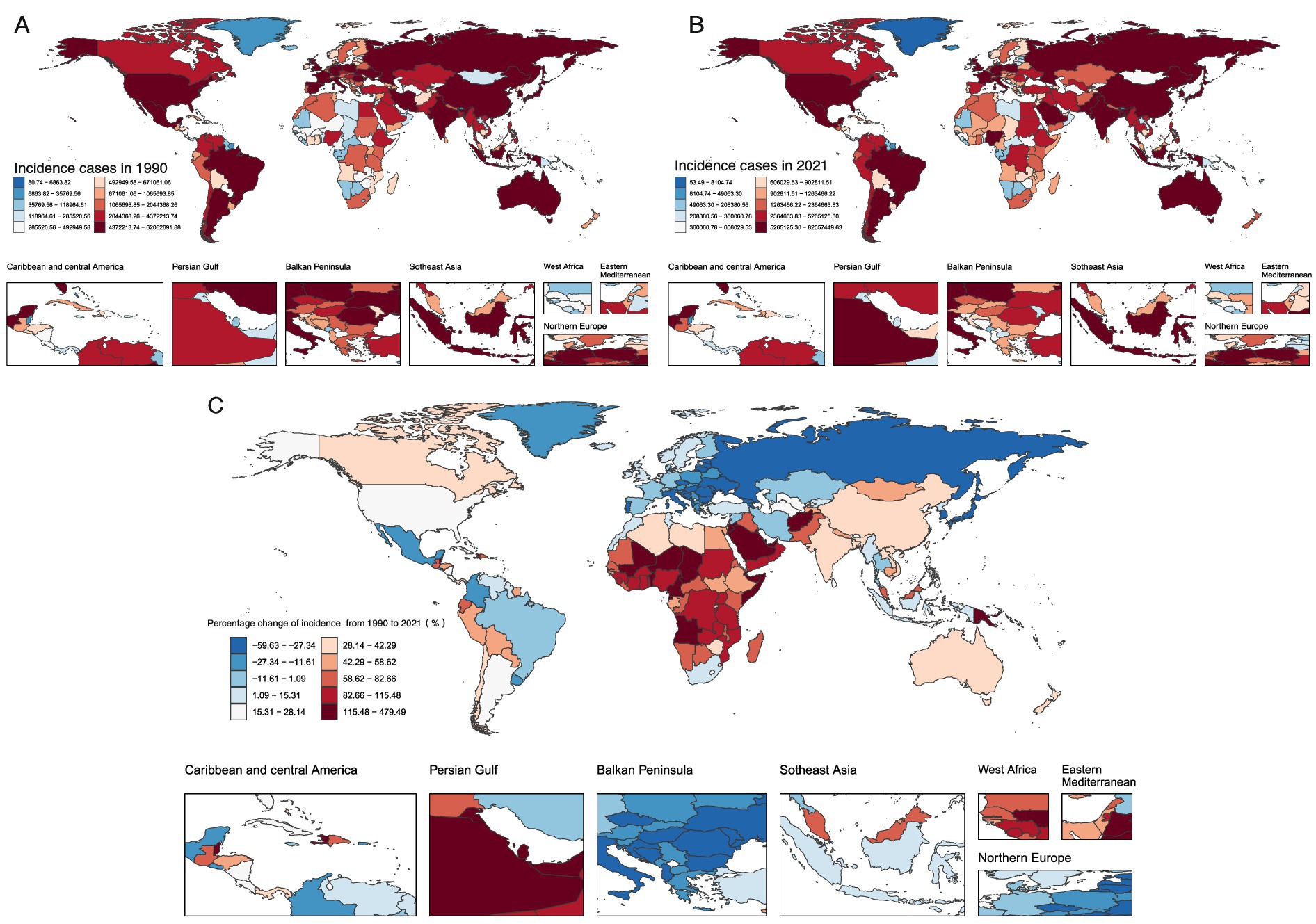 Two scatter plots describe the Disability-Adjusted Life Years (DALYs) rate per 100,000 related to Sociodemographic Index (SDI). The left plot shows negligible variation over time from 1990 to 2020, with data points concentrated at high SDI and low DALYs. The right plot indicates a trend where countries with lower SDI have higher DALYs rates, marked mainly by red (decrease) and blue (increase) dots with labeled countries like Madagascar, Senegal, and Switzerland. The plots use a color gradient to represent years from 1990 to 2020.