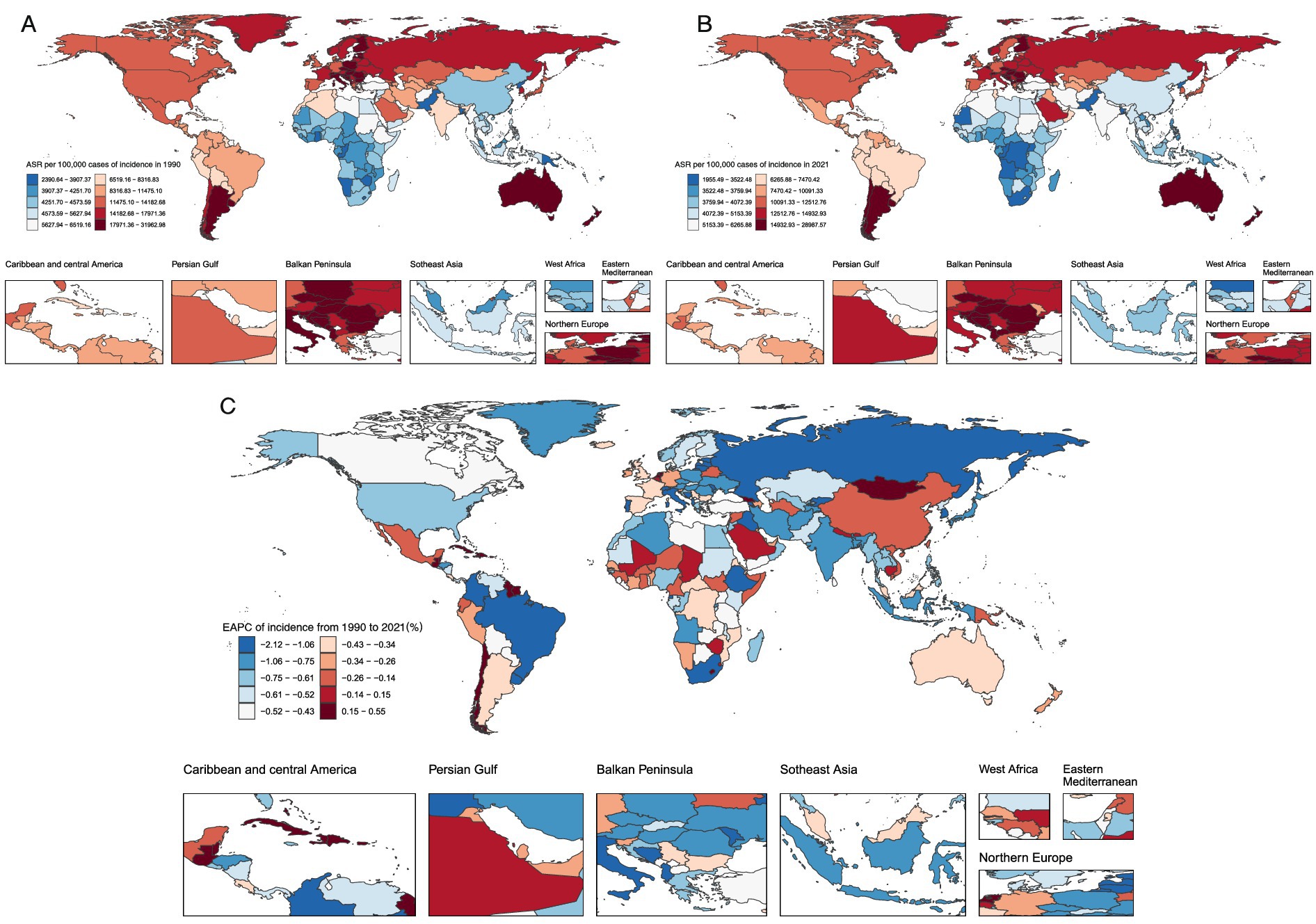 Three world maps illustrate cancer incidence rates and changes over time. Map A shows age-standardized incidence rates per 100,000 cases in 1990, with variations from low (blue) to high (red). Map B displays similar data for 2021. Map C depicts the estimated annual percentage change (EAPC) from 1990 to 2021, highlighting increases and decreases in rates by color gradations. Insets focus on regions: Caribbean and Central America, Persian Gulf, Balkan Peninsula, Southeast Asia, West Africa, Eastern Mediterranean, and Northern Europe.
