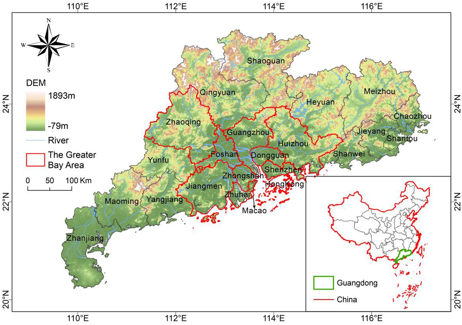 Topographic map of the Guangdong province and Greater Bay Area in China, showing elevation from -79 meters to 1893 meters with color gradients. Key cities like Guangzhou, Shenzhen, and Hong Kong are labeled. Rivers are marked in blue. The Greater Bay Area is outlined in red. An inset shows Guangdong within China. Compass rose included for orientation.