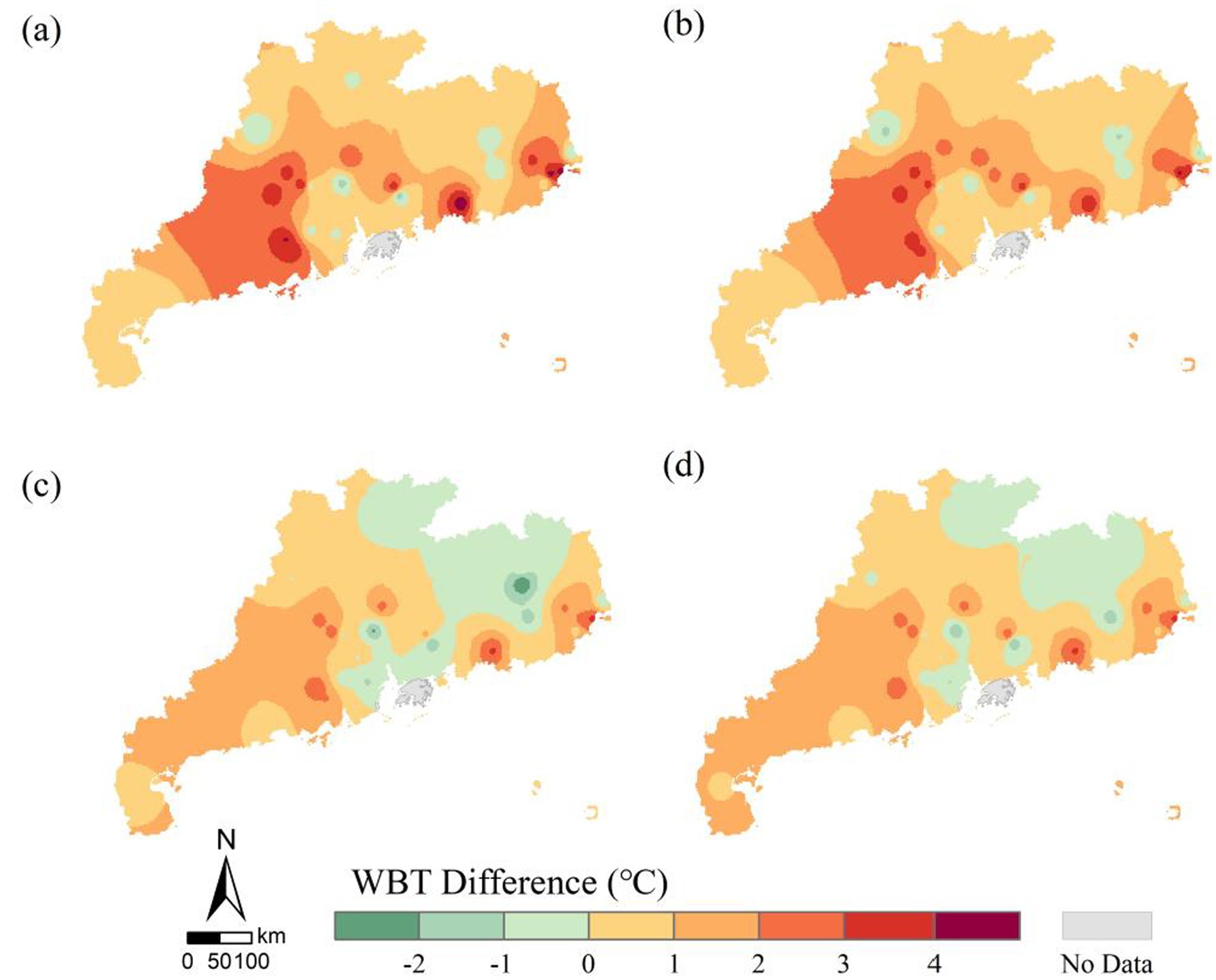 Four maps labeled a, b, c, and d, show variations in Wet-Bulb Temperature (WBT) difference in degrees Celsius across a region. Colors range from green to red, with green for lower and red for higher temperature differences. A color scale and a north arrow with a kilometer scale are included.