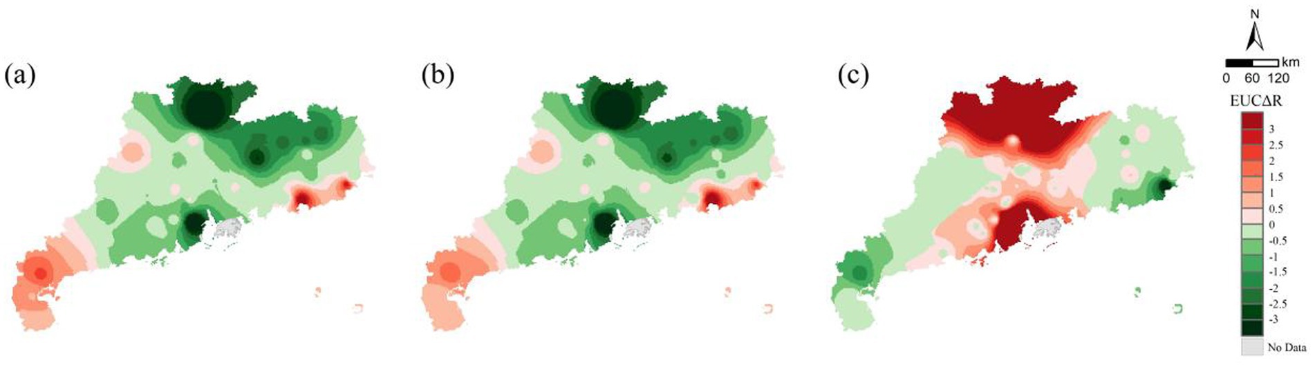 Three geographical heat maps labeled (a), (b), and (c) display varying data using a color gradient from dark green to dark red. The color gradient represents different EUCAR values, ranging from -3 in green to 3 in red. The maps showcase regions with varying data intensity across similar geographic areas, with the most significant changes occurring in map (c), which displays more red areas, indicating higher EUCAR values. A scale indicator and north arrow are at the top right.
