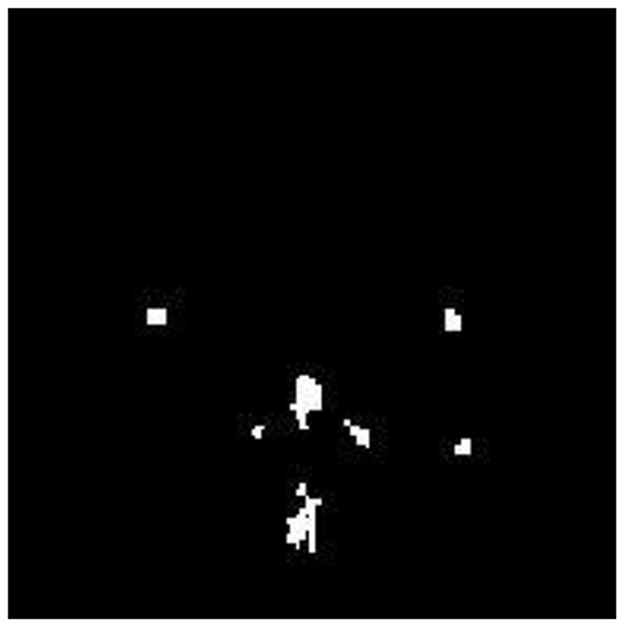 Silhouette of a man and dog surrounded by three squares on a black background. The figures and squares are in white, creating a stark contrast.