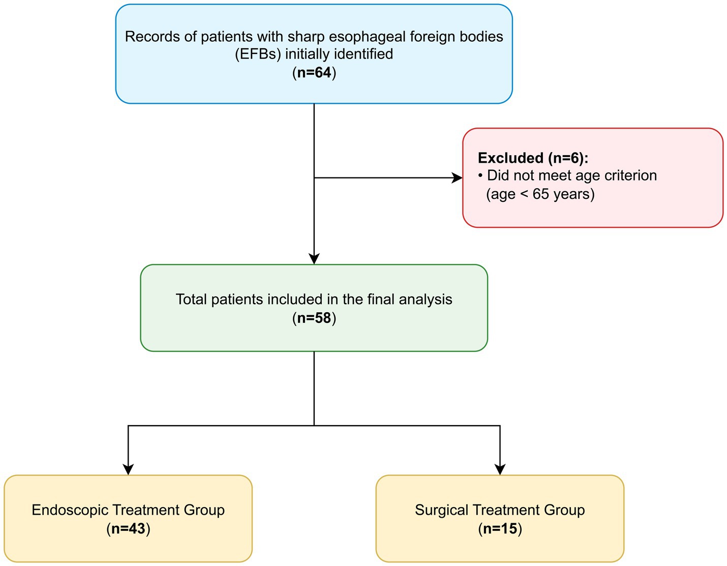 Flowchart showing patient selection for analysis. Sixty-four patient records with esophageal foreign bodies were initially identified. Six were excluded for being under sixty-five. Fifty-eight were included in the final analysis: forty-three in the endoscopic treatment group and fifteen in the surgical treatment group.