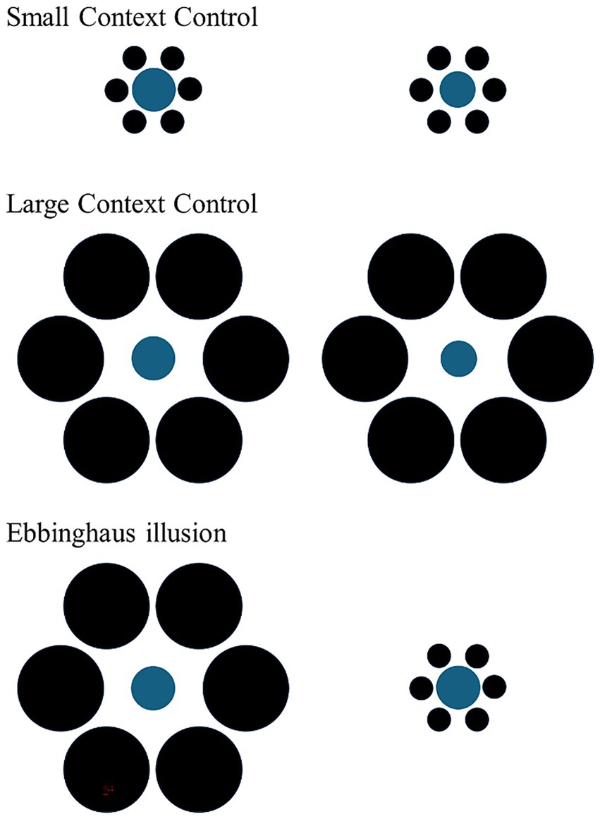 Diagram illustrating the experimental stimuli. The top row shows “Small Context Control” with a central blue circle surrounded by small black circles, making it appear larger. The middle row is “Large Context Control” with larger black circles around a central blue circle, making it appear smaller. The bottom row shows the Ebbinghaus illusion with alternating circle sizes, demonstrating the perceived size distortion based on surrounding context.