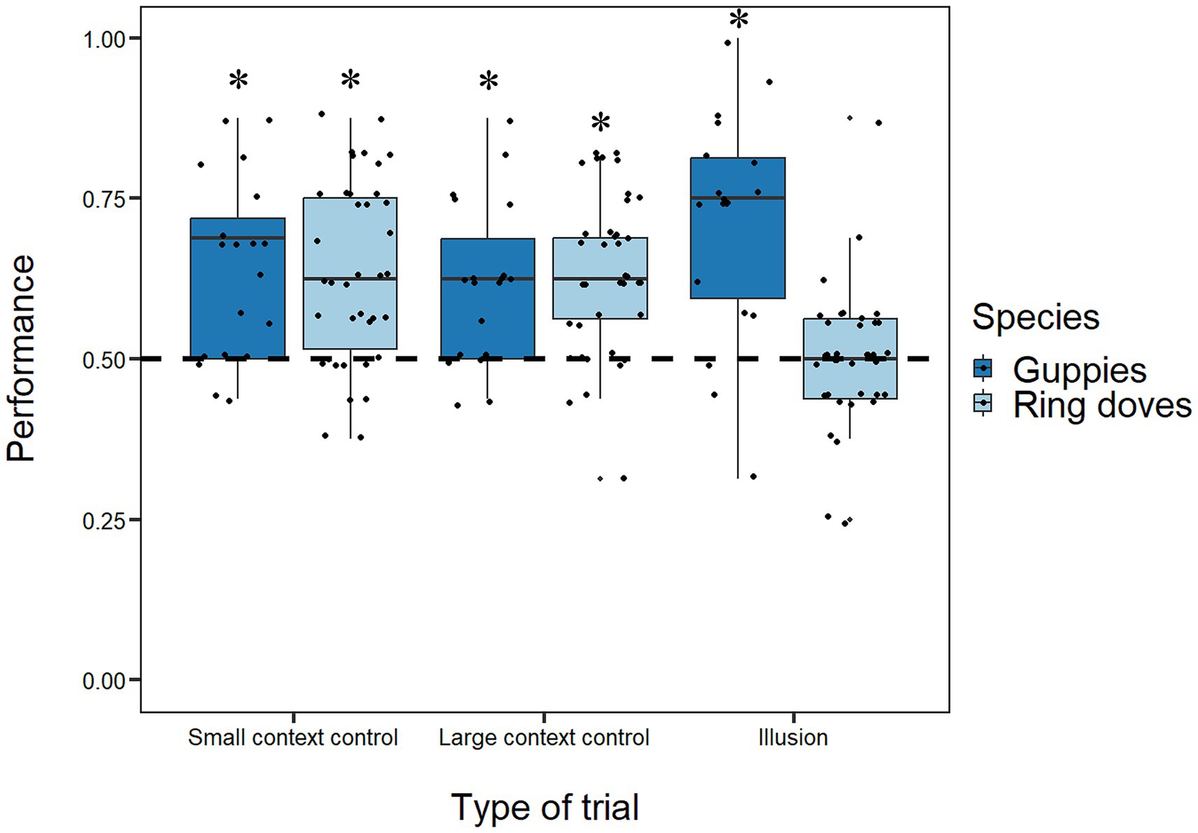 Box plot showing performance of guppies and ring doves across different trial types: small context control, large context control, and illusion. Guppies generally perform better, indicated by higher medians and more outliers, especially in illusion trials. Species are distinguished by color: dark blue for guppies and light blue for ring doves. Asterisks denote a significant departure from chance level.