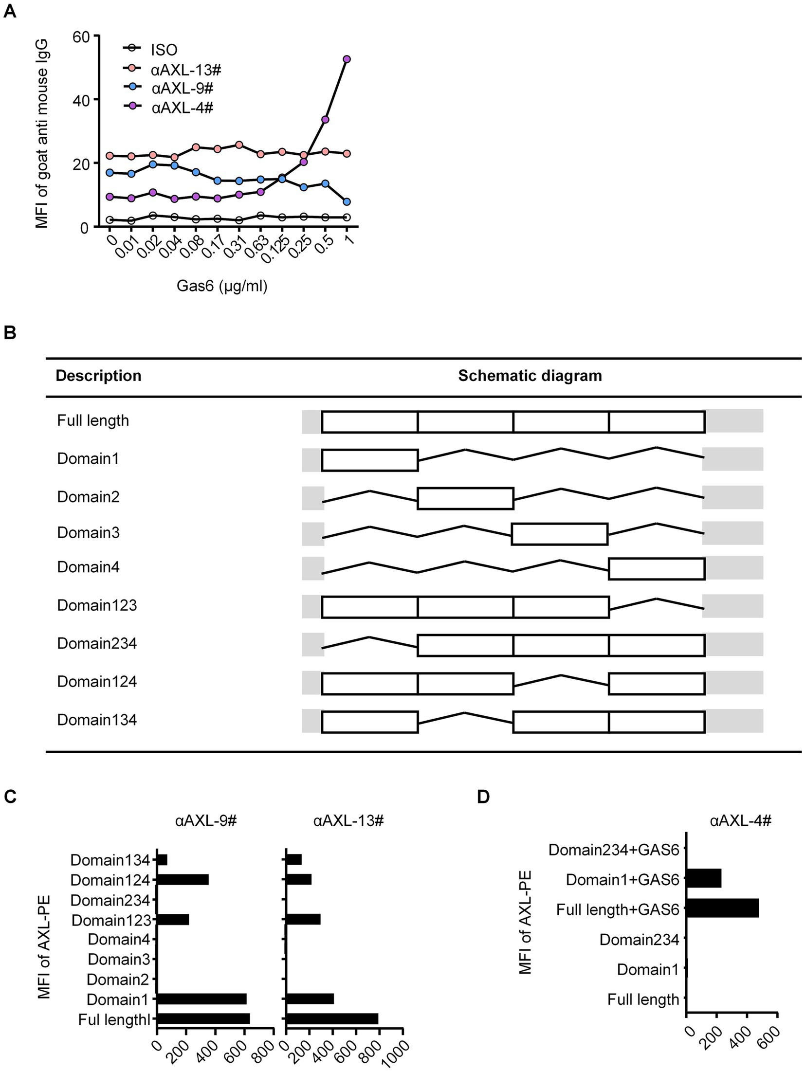 (A) Line graph showing MFI of goat anti-mouse IgG against various Gas6 concentrations for ISO, αAXL-13#, αAXL-9#, and αAXL-4#. (B) Schematic diagrams of AXL domains including full length and various domain combinations (Domain1, Domain2, Domain3, Domain4, Domain123, Domain234, Domain124, Domain134). (C) Bar chart comparing MFI of AXL-PE for αAXL-9# and αAXL-13# across different domains. (D) Bar chart showing MFI of AXL-PE for αAXL-4# with various domain and Gas6 combinations.