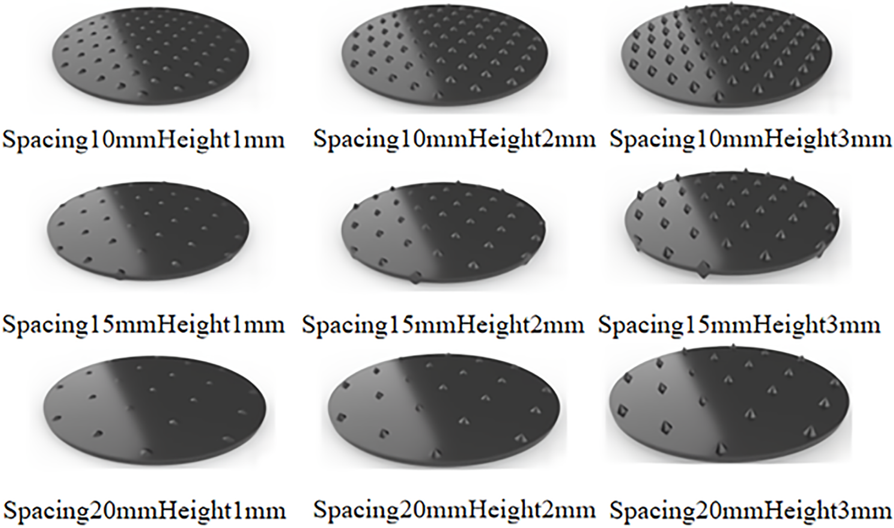 Twelve circular, textured discs are arranged in a grid. They vary in spacing and height of protrusions. Labels indicate variations as follows: Top row - 10mm spacing with 1mm, 2mm, and 3mm heights. Middle row - 15mm spacing with 1mm, 2mm, and 3mm heights. Bottom row - 20mm spacing with 1mm, 2mm, and 3mm heights. All discs are dark-colored with a glossy finish.