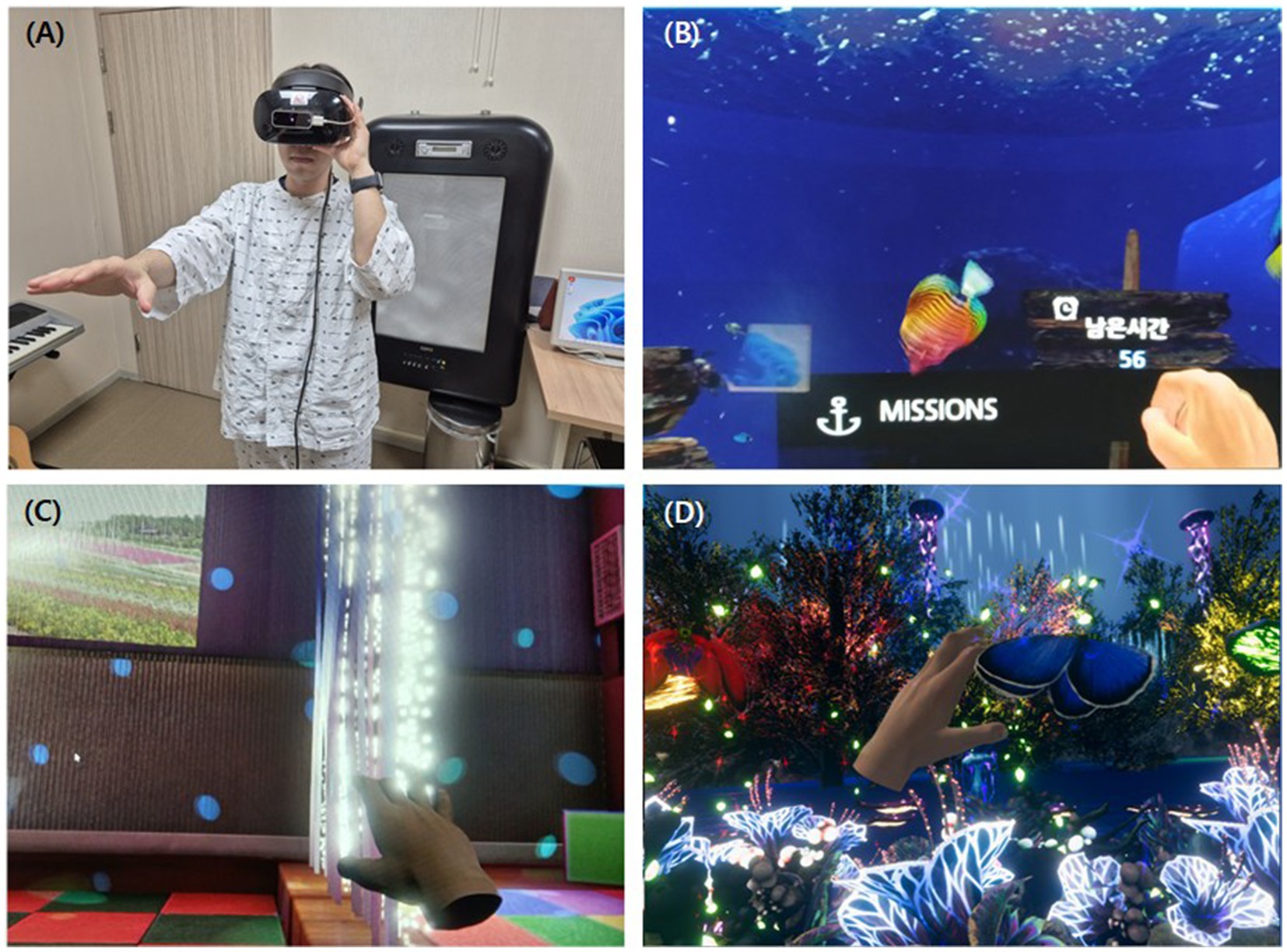 (A) A person wearing a VR headset. (B) Screenshot image of the VR training content “Undersea Adventure.” (C) Screenshot image of the VR training content “VR Snorkeling.” (D) Screenshot image of the VR training content “Avatar.”