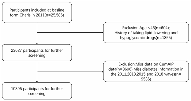 Flowchart depicting participant screening for a study. Initially, 25,586 participants were included. The first exclusion criteria are age under 45 (604 people) and history of taking lipid-lowering and hypoglycemic drugs (1,355 people), resulting in 23,627 participants. The second exclusion criteria are missing Cumulative AIP data (3,696 people) and missing diabetes information across specific years (9,536 people), resulting in 10,395 participants for further screening.