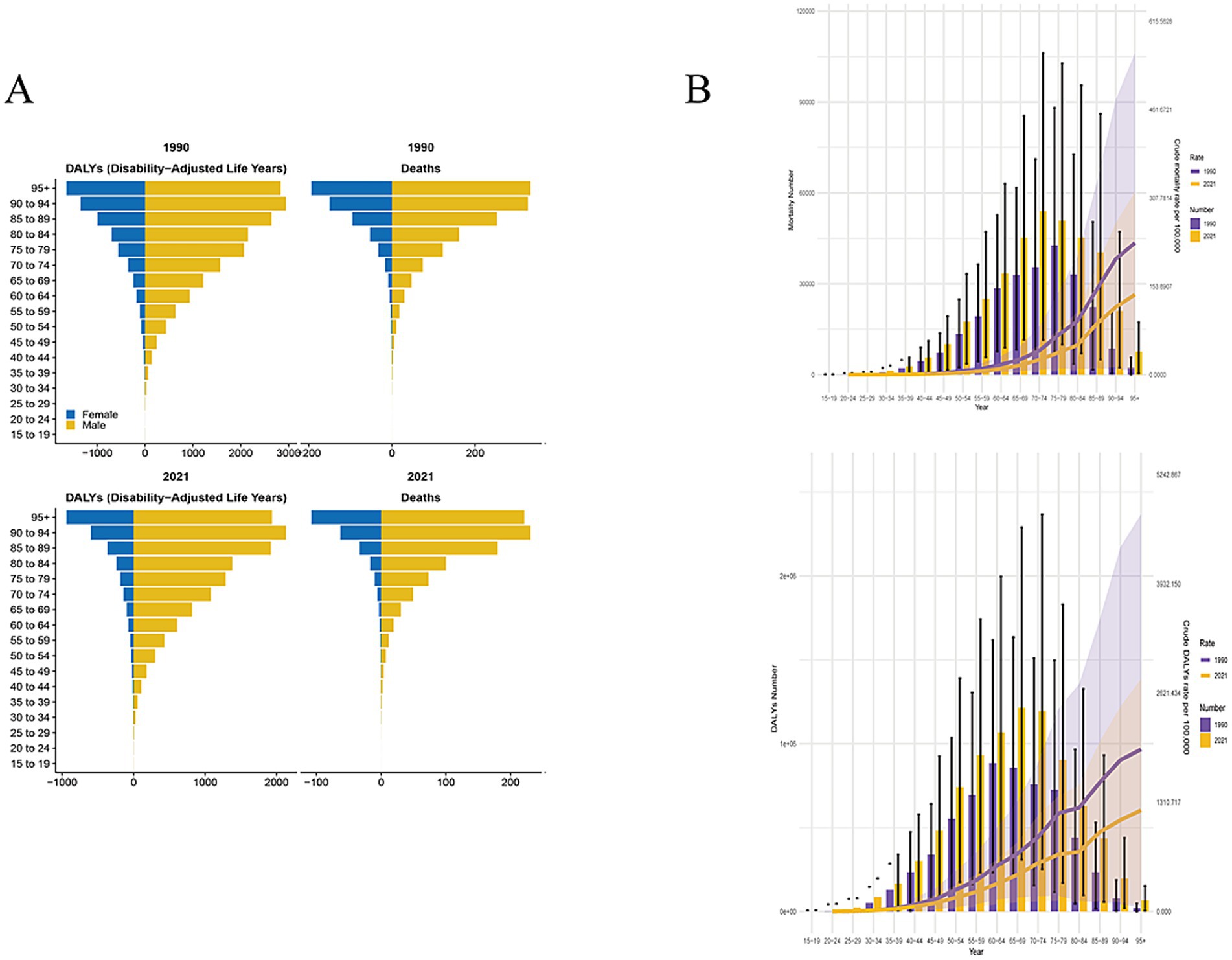 Panel A shows bar charts comparing Disability-Adjusted Life Years (DALYs) and deaths for males and females in 1990 and 2021. Panel B displays two graphs illustrating mortality and DALY numbers by age group over time from 1990 to 2021, with trend lines indicating rates and numbers.