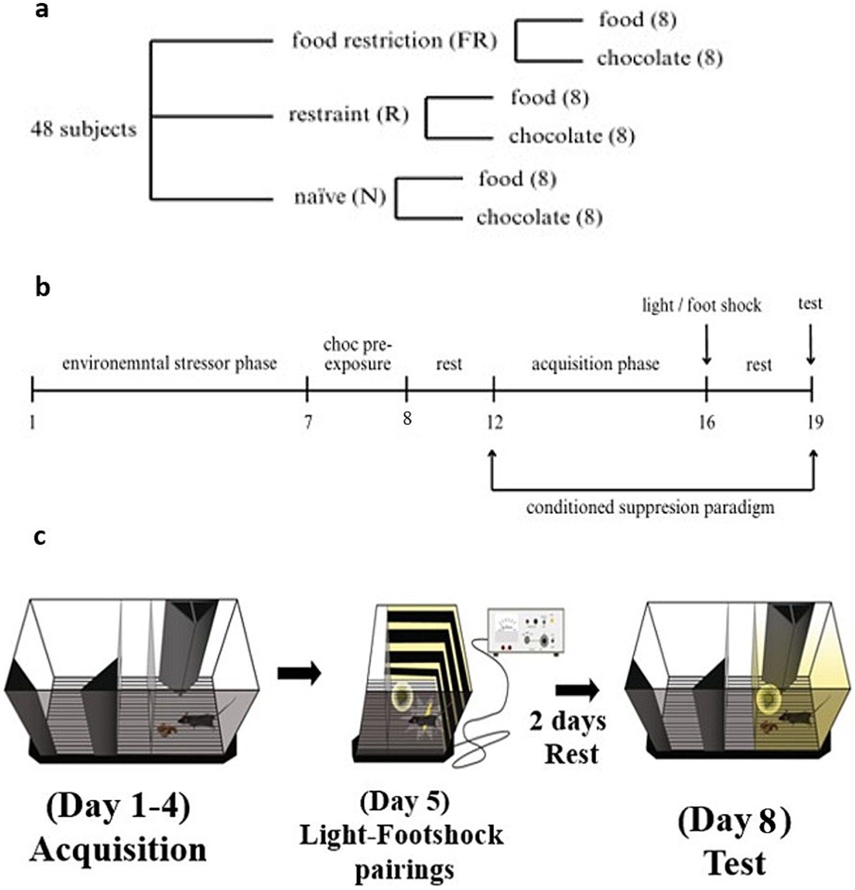 Diagram detailing an experimental study with three parts. (a) A flowchart showing 48 subjects divided into three groups: food restriction, restraint, and naïve, each with subgroups for food and chocolate, consisting of 8 subjects each. (b) A timeline outlining phases: environmental stressor, chocolate pre-exposure, rest, acquisition, and test, within a conditioned suppression paradigm. (c) Illustrations of experimental stages: Day 1-4 acquisition with rats in a chamber, Day 5 light-footshock pairings with equipment, and Day 8 test, following a two-day rest period.