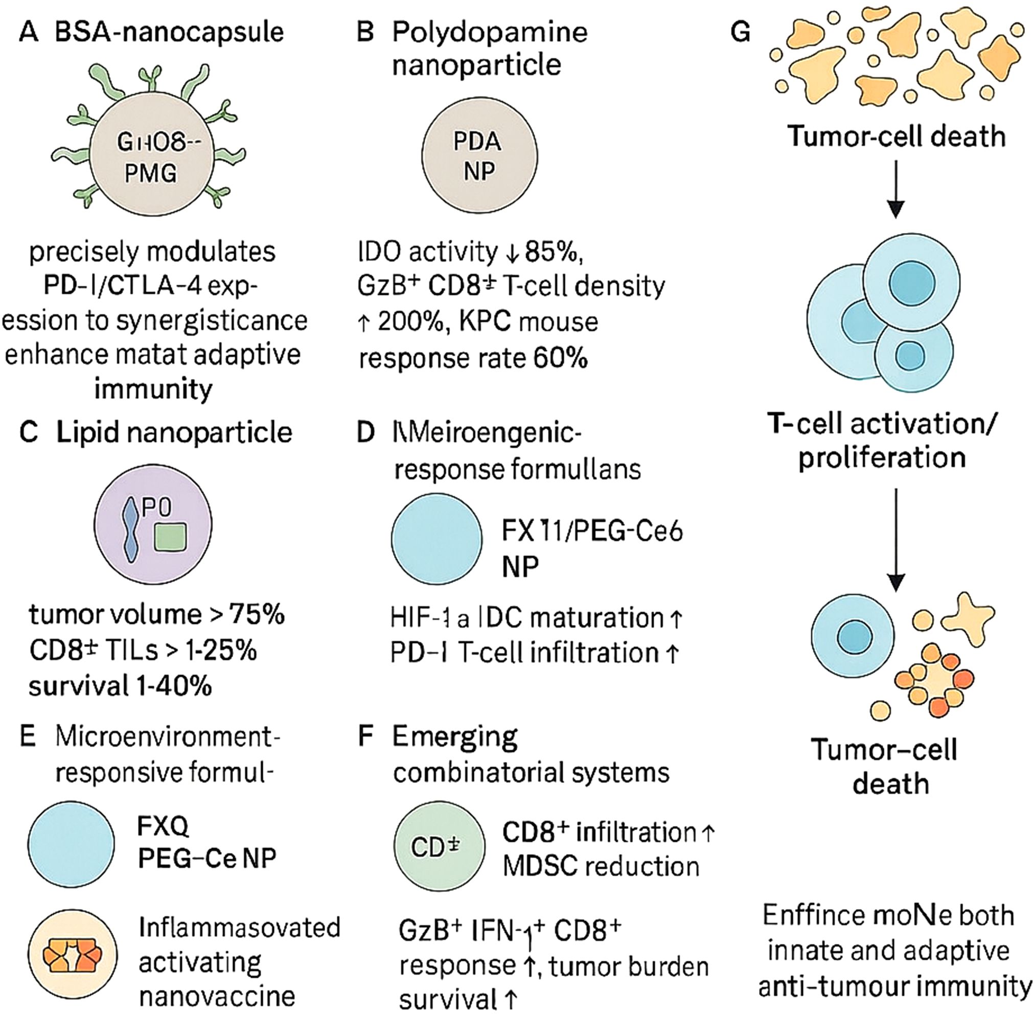 Schematic diagram of various nanoparticle systems. (A) BSA-nanocapsule enhances adaptive immunity. (B) Polydopamine nanoparticle increases T-cell density. (C) Lipid nanoparticle reduces tumor volume. (D) Immunogenic-response formulas improve maturation and infiltration. (E) Microenvironment-responsive formulas activate nanovaccines. (F) Emerging combinatorial systems increase infiltration and reduce tumor burden. (G) Process flow: Tumor-cell death leads to T-cell activation and proliferation, enhancing both innate and adaptive anti-tumor immunity.