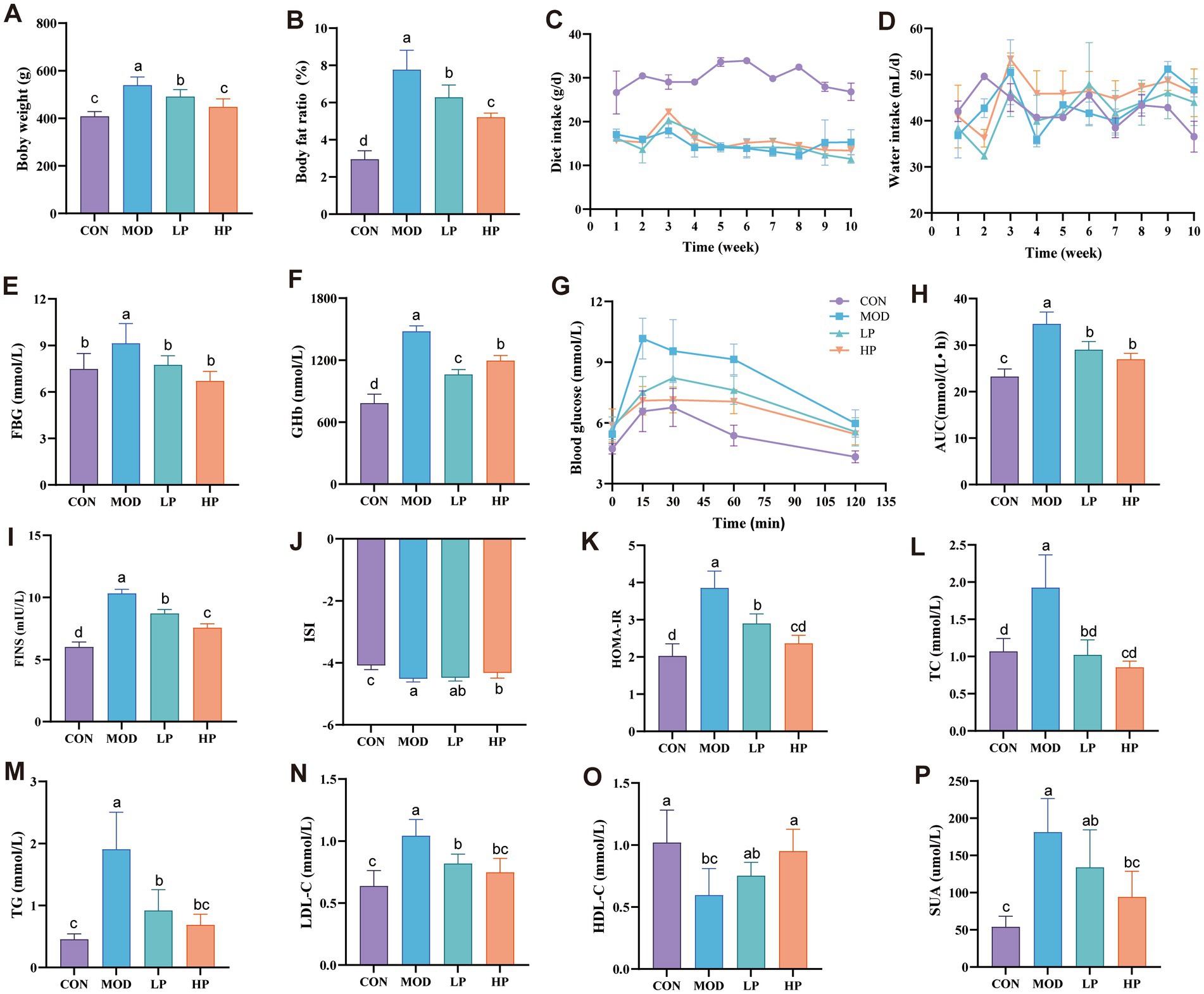 A series of bar charts and line graphs comparing various health metrics across four groups: CON, MOD, LP, and HP. Metrics include body weight, body fat ratio, diet and water intake, fasting blood glucose, glycated hemoglobin, insulin sensitivity, HOMA-IR, triglycerides, cholesterol levels, and serum uric acid. Notable observations are marked with different letters indicating statistical significance. Each graph visually contrasts how each group differs in these health metrics over specified periods or conditions, demonstrating significant variation across the groups.