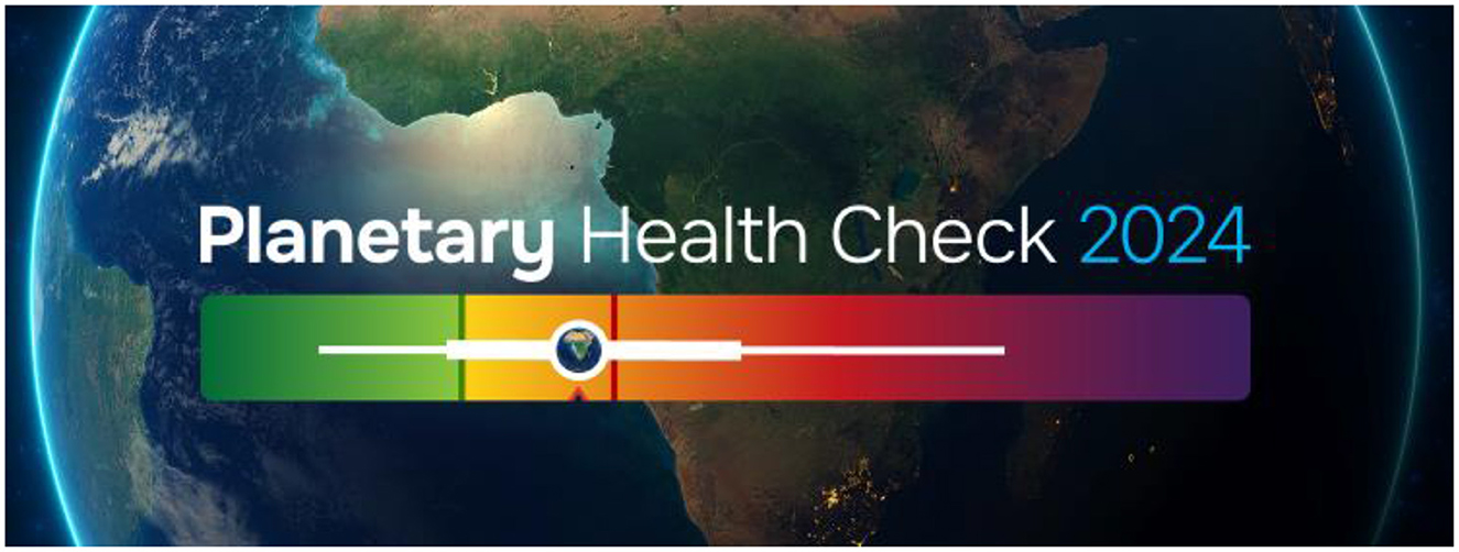 Title “Planetary Health Check 2024” overlaid on an Earth view. A health bar in green, yellow, orange, and red features a slider positioned toward orange, indicating environmental concern.