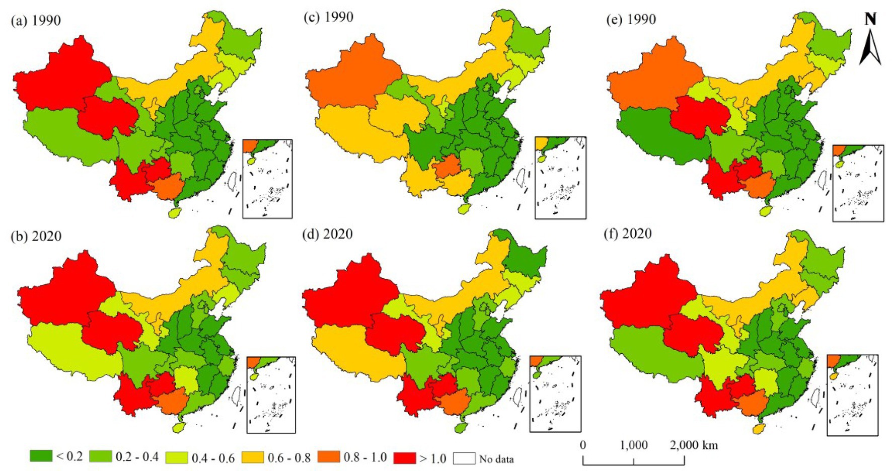 Six maps of China depict varying data distributions in 1990 and 2020, categorized by color: green (below 0.2), light green (0.2-0.4), yellow-green (0.4-0.6), yellow (0.6-0.8), orange (0.8-1.0), and red (above 1.0), with white indicating no data. Map (a) and (b) shows data for 1990 and 2020 at one scale, maps (c) and (d) show another, and maps (e) and (f) another. Insets focus on specific regions for additional details. Scale shown in kilometers, compass rose indicates north.