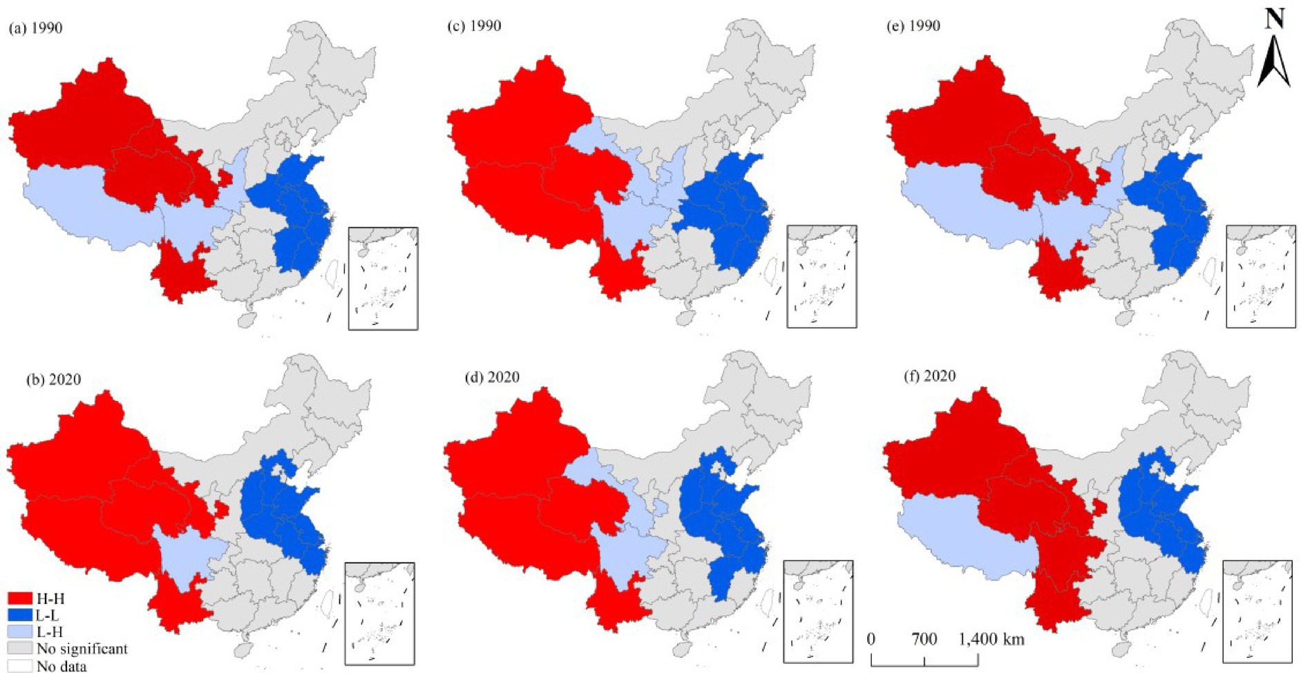 Maps depicting spatial distribution in China for the years 1990 and 2020, showing areas categorized as H-H (high-high, red), L-L (low-low, blue), L-H (low-high, light blue), and regions with no significant data, identified in gray. Each map includes a key for understanding the color codes, and a scale bar indicating distances from zero to one thousand four hundred kilometers.