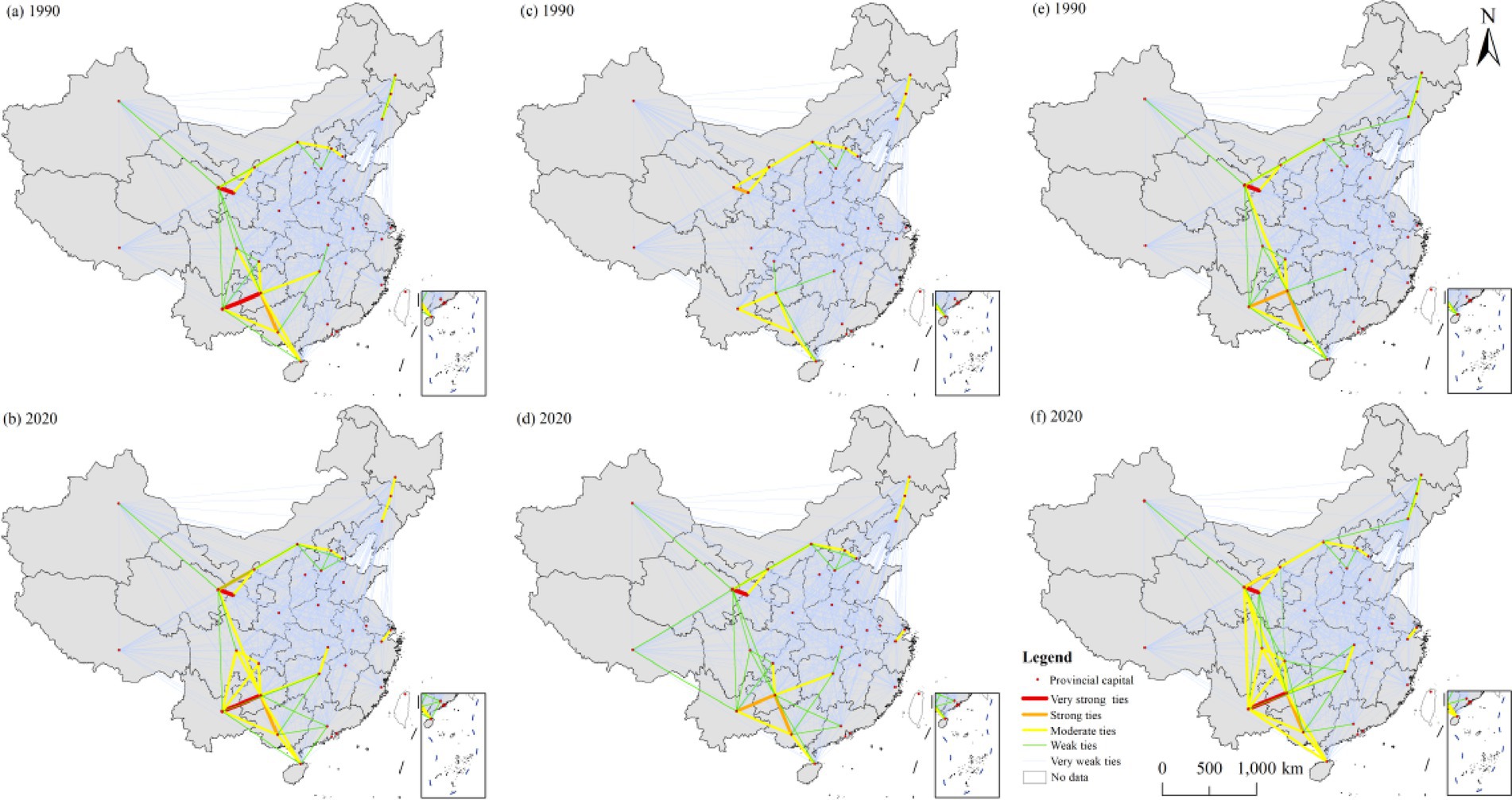 Maps of China depict transportation networks for 1990 and 2020, showing connections between provincial capitals. Colored lines represent levels of connectivity: red for very strong, orange for strong, yellow for moderate, green for weak, and blue for very weak ties. Each map includes a small inset of Taiwan. The series illustrates changes over time with greater connectivity evident in 2020.