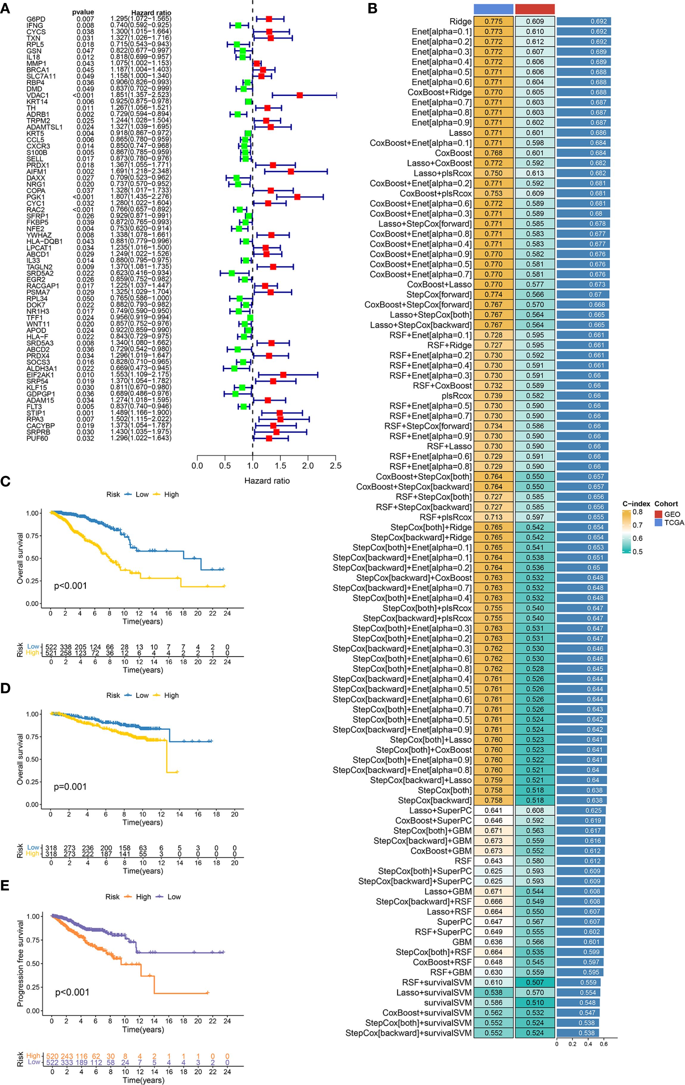 Chart depicting four sections: (A) Forest plot displaying hazard ratios and p-values for various genes with three categories. (B) Bar chart listing statistical models with C-index scores, color-coded by cohort. (C) Kaplan-Meier survival curve showing overall survival based on risk groups, with significant p-value. (D) Another Kaplan-Meier curve depicting overall survival over different time periods. (E) Kaplan-Meier curve for progression-free survival, indicating significant differences between risk groups.