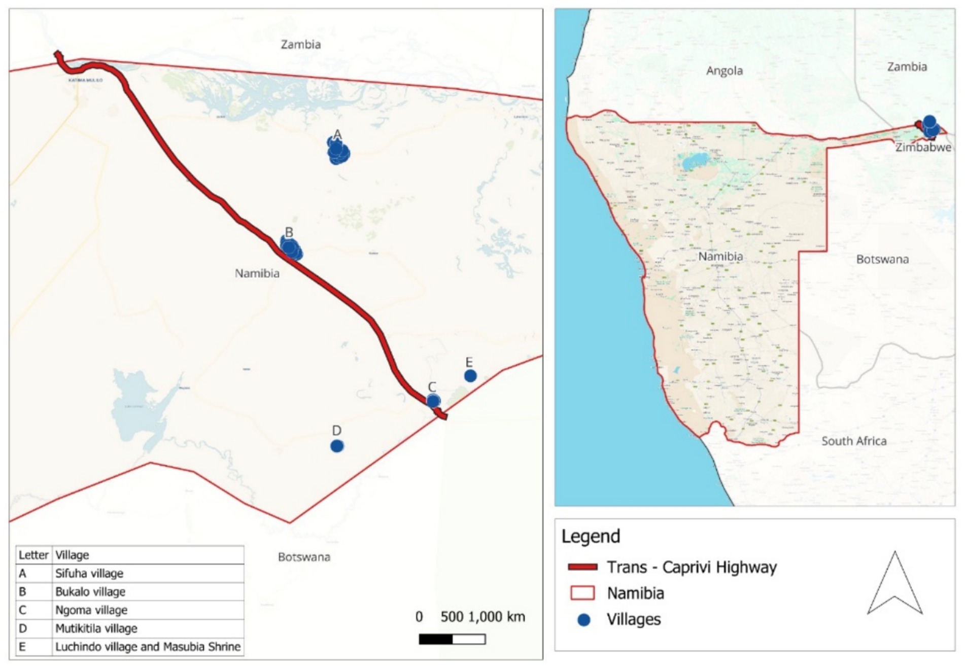 Map showing the location of the Trans-Caprivi Highway in Namibia, marked in red. Key villages A to E, including Sifuha, Bukalo, Ngoma, Mutikitila, and Luchindo with Masubia Shrine, are highlighted in blue. The map includes parts of neighboring countries: Zambia, Botswana, Angola, Zimbabwe, and South Africa. A legend explains symbols for the highway and villages.