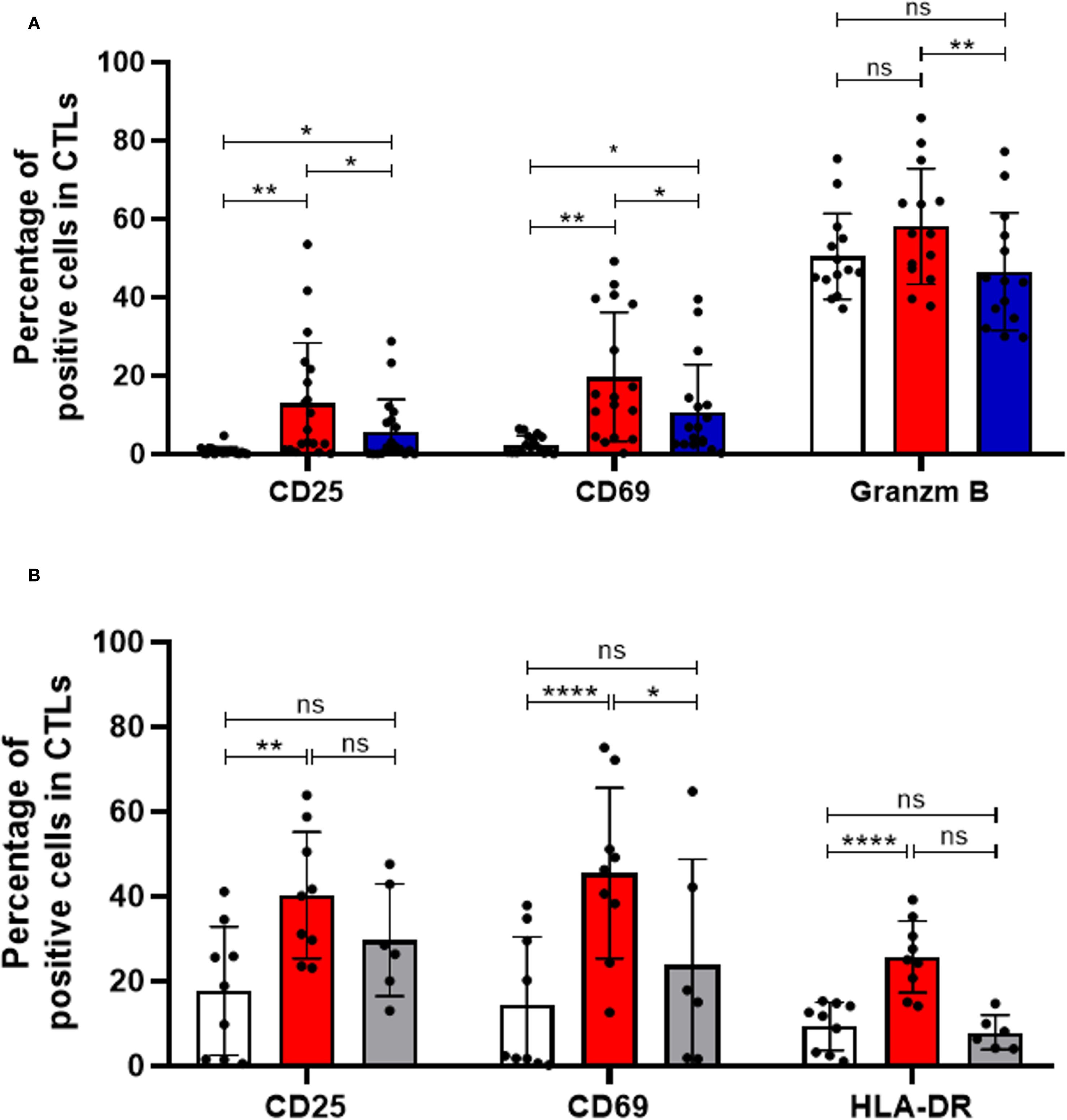 Bar graphs depicting the percentage of positive cells in CTLs for different markers. Graph A shows CD25, CD69, and Granzyme B, while Graph B shows CD25, CD69, and HLA-DR. Various significance levels are indicated, including ns, *, **, and ****. Error bars represent variability.