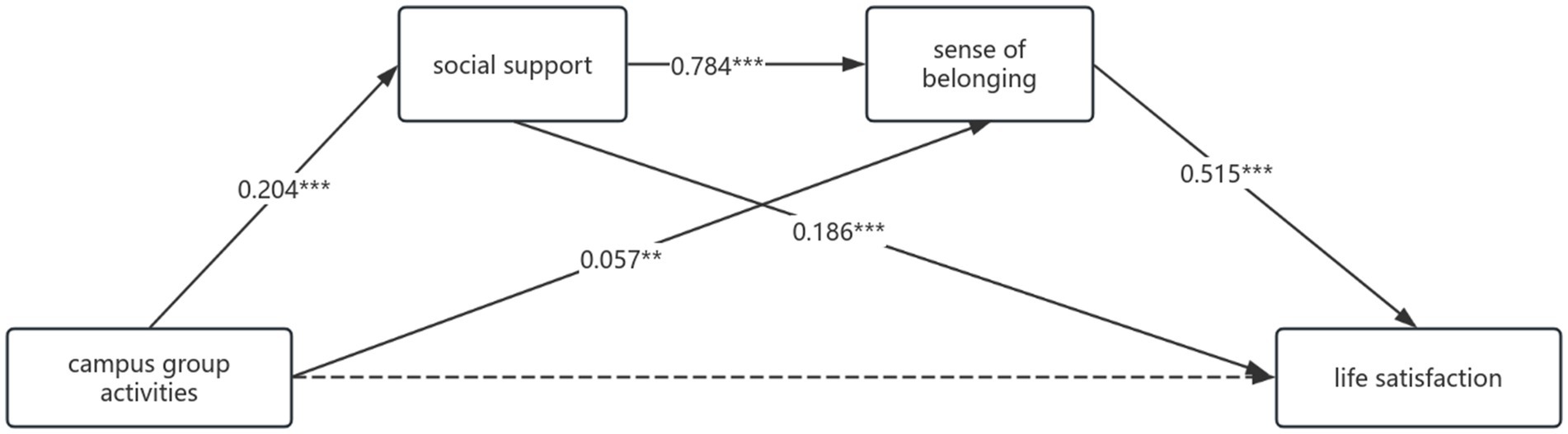 A path diagram illustrating relationships between four variables: campus group activities, social support, sense of belonging, and life satisfaction. Arrows indicate causal directions with associated coefficients. Campus group activities have a positive path to social support (0.246***) and sense of belonging (0.069*). Social support positively influences sense of belonging (0.791***) and life satisfaction (0.199***). The sense of belonging has a positive impact on life satisfaction (0.549***). Campus group activities showed a significant and positive total effect on life satisfaction (0.237***), while their direct effect was positive and statistically insignificant (0.043). Dashed lines indicate a statistically insignificant direct effect.