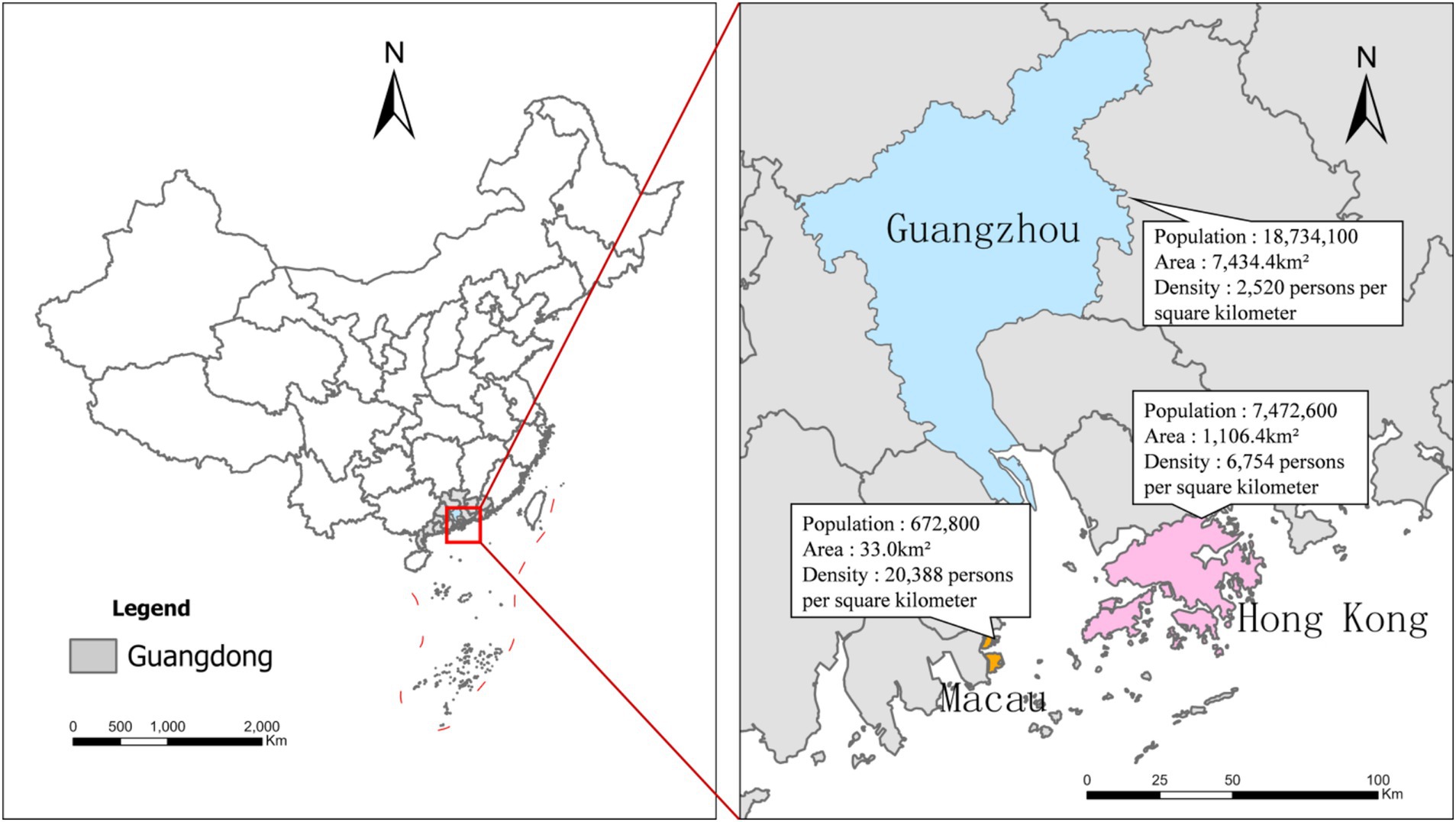 Map showing Guangdong province in China with a zoomed-in view of Guangzhou, Macau, and Hong Kong. Guangzhou’s population is 18,734,100 with a density of 2,520 persons per square kilometer. Hong Kong’s population is 7,472,600 with a density of 6,754 persons per square kilometer. Macau’s population is 672,800 with a density of 20,388 persons per square kilometer.