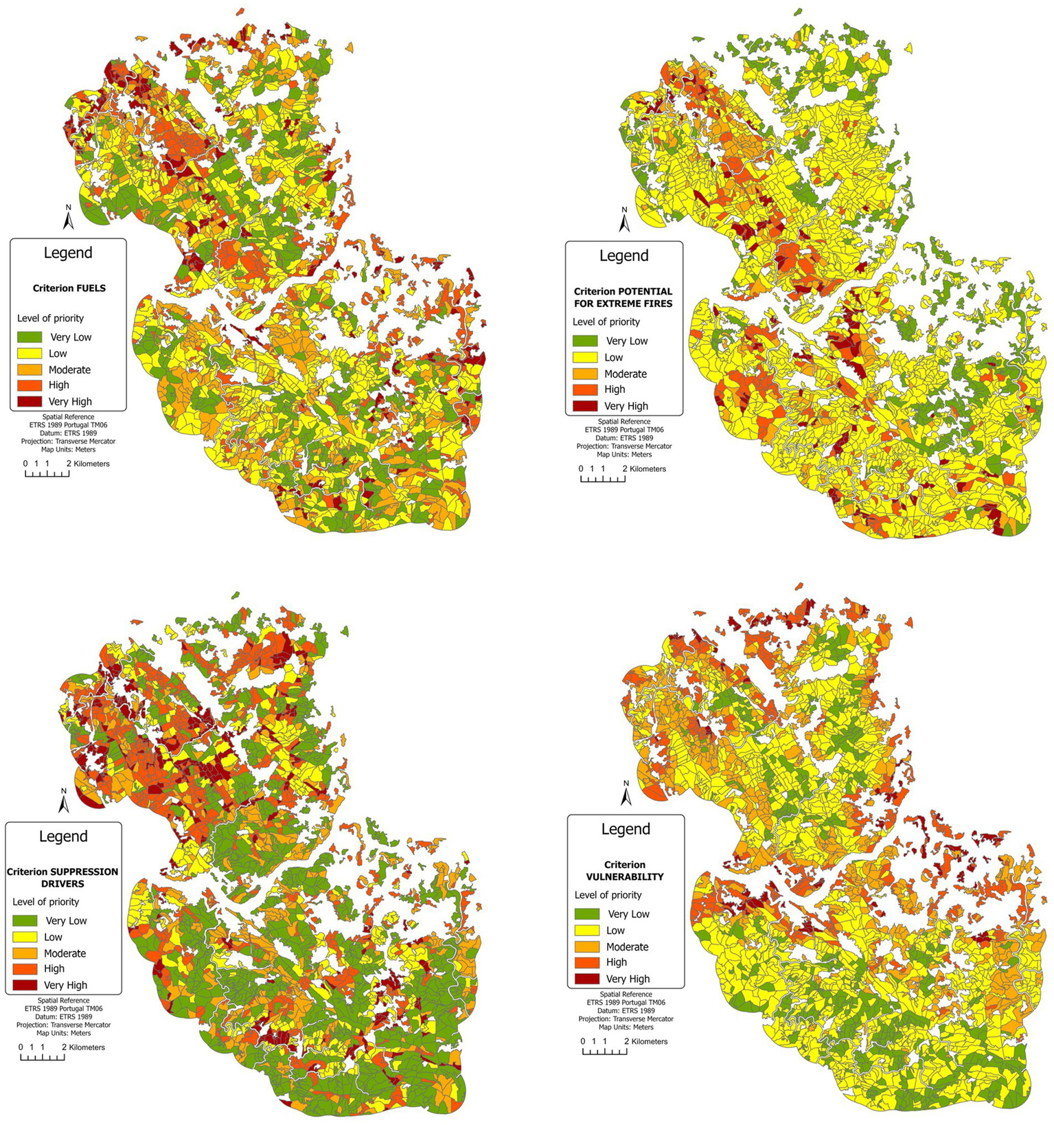 Four maps depict different criteria influencing fire risks in a region, each with color-coded priority levels from very low to very high. The top left map shows fuel levels, the top right indicates potential for extreme fires, the bottom left illustrates suppression drivers, and the bottom right displays vulnerability. Each map includes a scale and legend for reference.