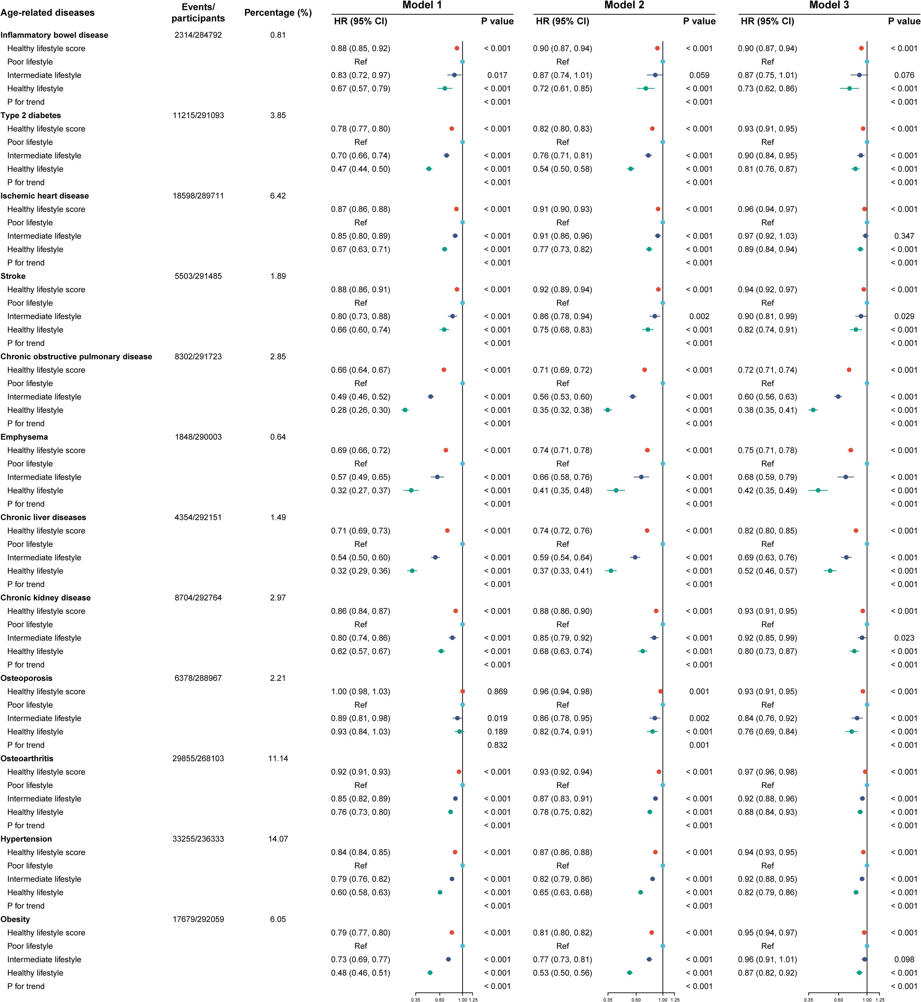 Forest plot comparing hazard ratios (HR) and confidence intervals (CI) across three models for various age-related diseases based on lifestyle scores. Each row presents HR (95% CI) for diseases like inflammatory bowel disease, type 2 diabetes, stroke, and others, under different lifestyle categories: healthy, intermediate, and poor. Models 1, 2, and 3 include HR values and P values, indicating statistical significance for trends. Colored markers represent lifestyle categories, showing how scores correlate with disease outcomes. Percentages indicate event occurrence among participants, highlighting disease prevalence in relation to lifestyle.