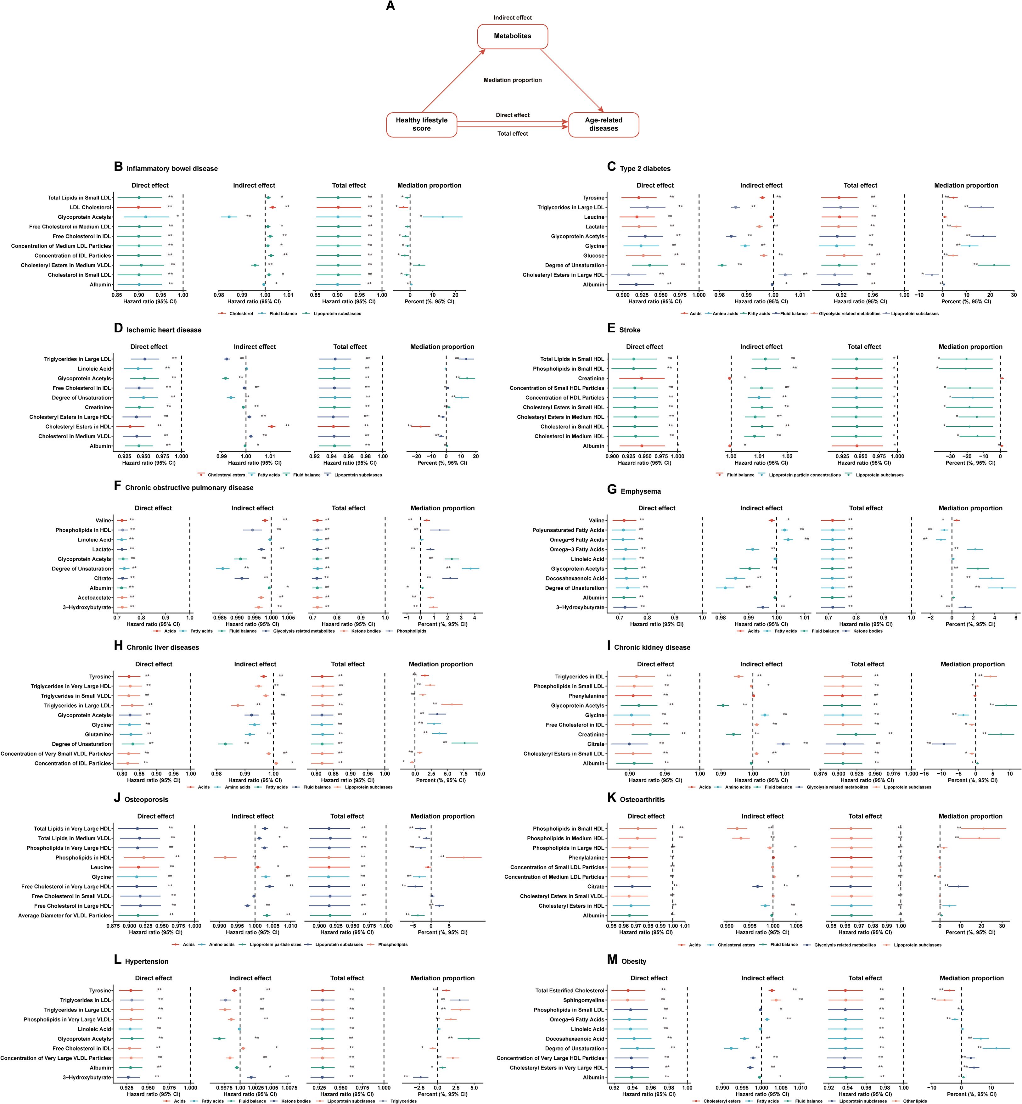 Flowchart and series of graphs analyzing the effects of metabolites on various age-related diseases, mediated by a healthy lifestyle score. Panel A shows the flow from the healthy lifestyle score through metabolites to diseases. Panels B-M detail direct, indirect, and total effects, along with mediation proportions, for diseases like inflammatory bowel disease, type 2 diabetes, stroke, ischemic heart disease, and others. Each panel includes line graphs comparing the magnitude of these effects.