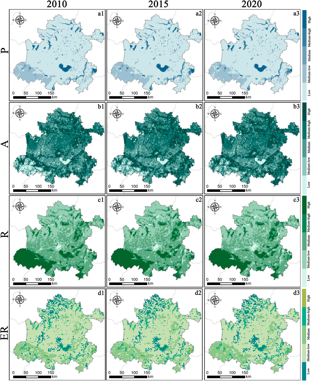 A grid of twelve maps shows spatial data changes from 2010 to 2020 across four categories: P, A, R, and ER. Each row represents a category, and each column represents a year. The intensity of shading on the maps varies, indicating different levels of data, with a color scale on the right indicating low to high values. Each map includes a compass rose and a scale bar.