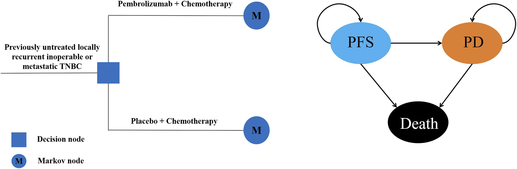 Flowchart illustrating treatment pathways for previously untreated locally recurrent inoperable or metastatic triple-negative breast cancer (TNBC). Two treatment options: pembrolizumab plus chemotherapy or placebo plus chemotherapy, leading to Markov node (M). Subsequent states include progression-free survival (PFS), progressive disease (PD), and death. Decision node in blue square, Markov nodes in blue circles.