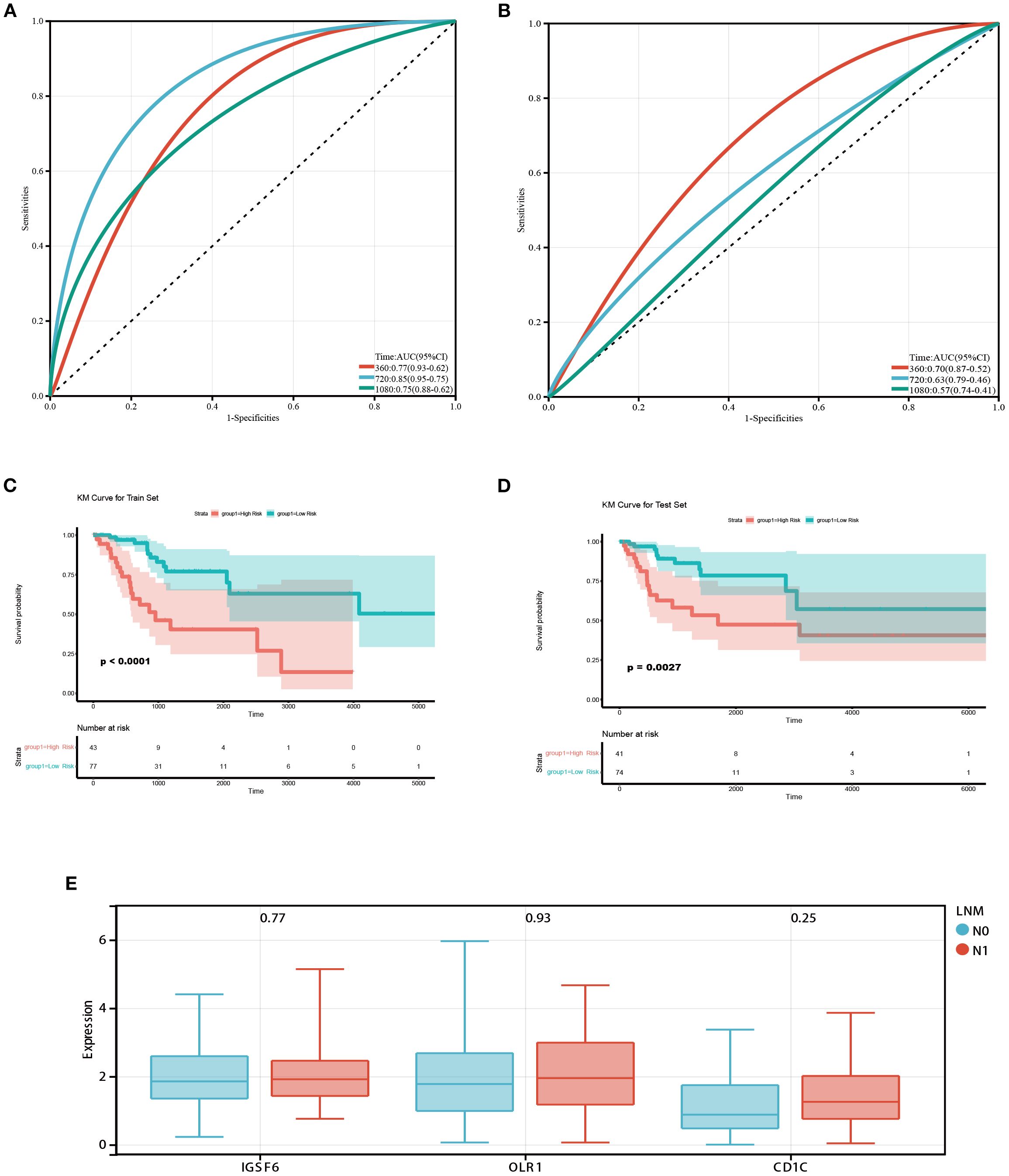 Graphs illustrating various data analyses. Panels A and B present ROC curves with performance metrics for different models. Panels C and D display Kaplan-Meier survival curves comparing high-risk and low-risk groups, with corresponding p-values and risk numbers. Panel E presents a box plot comparing gene expression levels (ICSF6, OLR1, CD1C) across two groups labeled LNM and N0/N1.
