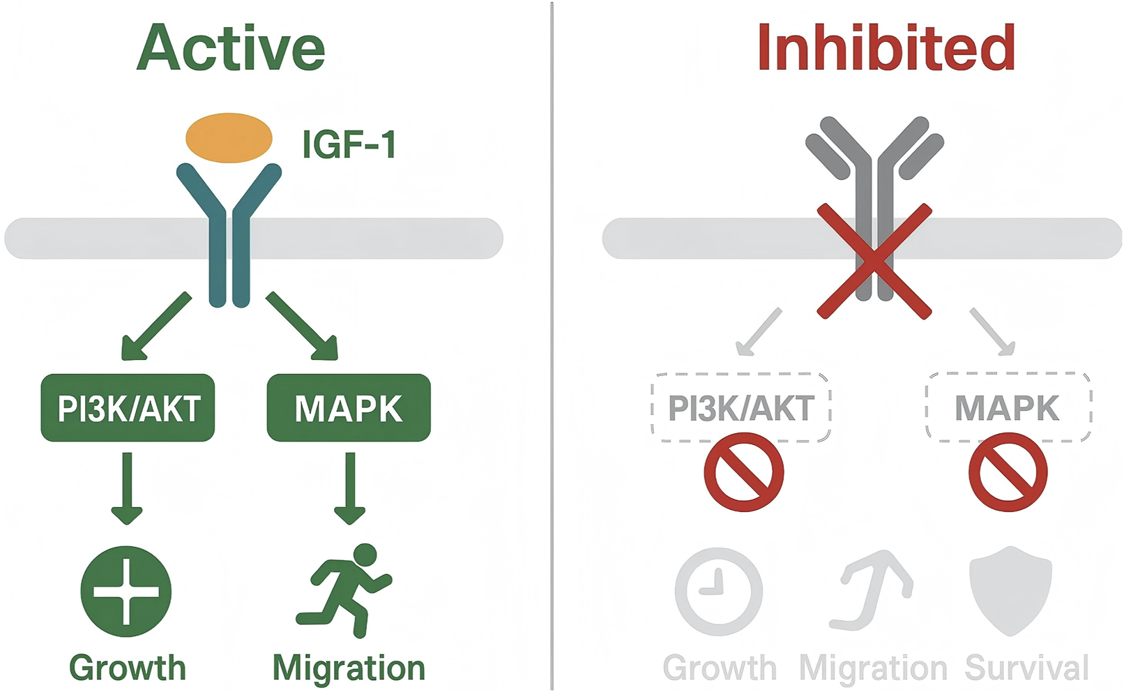 Diagram showing IGF-1 signaling pathways. On the left, labeled "Active," IGF-1 activates PI3K/AKT and MAPK, promoting growth and migration. On the right, labeled "Inhibited," signaling is blocked, suppressing growth, migration, and survival.