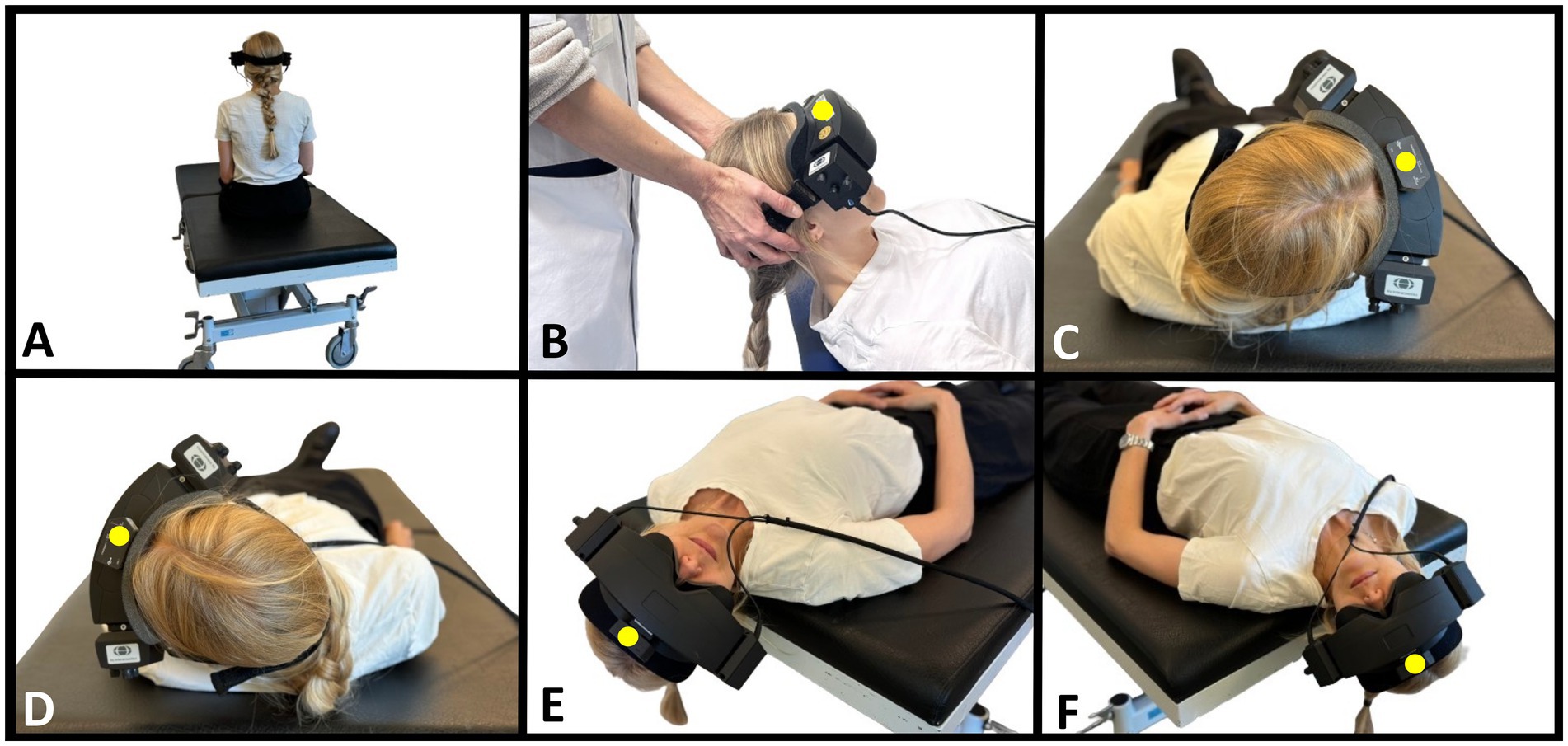 A series of images labeled A to F showing a person undergoing traditional manual diagnostics with videonystagmography goggles. In A, the person sits on an examination bed. In B, the person lays in supine position. In C and D, the person undergoes Supine Roll test. In E and F, the person undergoes Dix-Hallpike test.