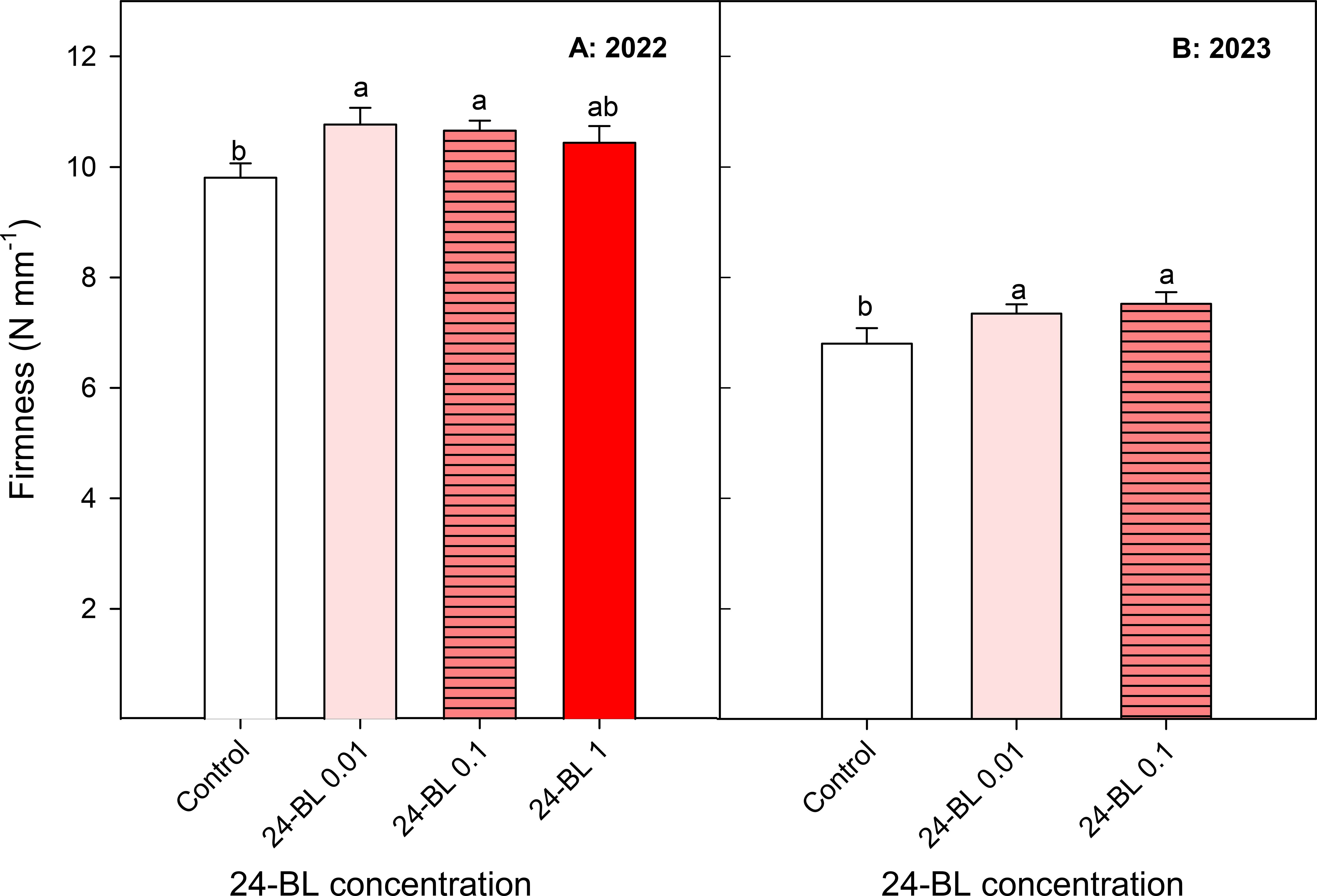 Bar graph comparing firmness measured in Newtons per millimeter for control and 24-BL treatments at different concentrations in 2022 and 2023. In 2022, firmness increases with 24-BL concentration, marked by different letter annotations (b, a, ab). In 2023, firmness also increases with 24-BL concentration, with control labeled b and both treatments as a.