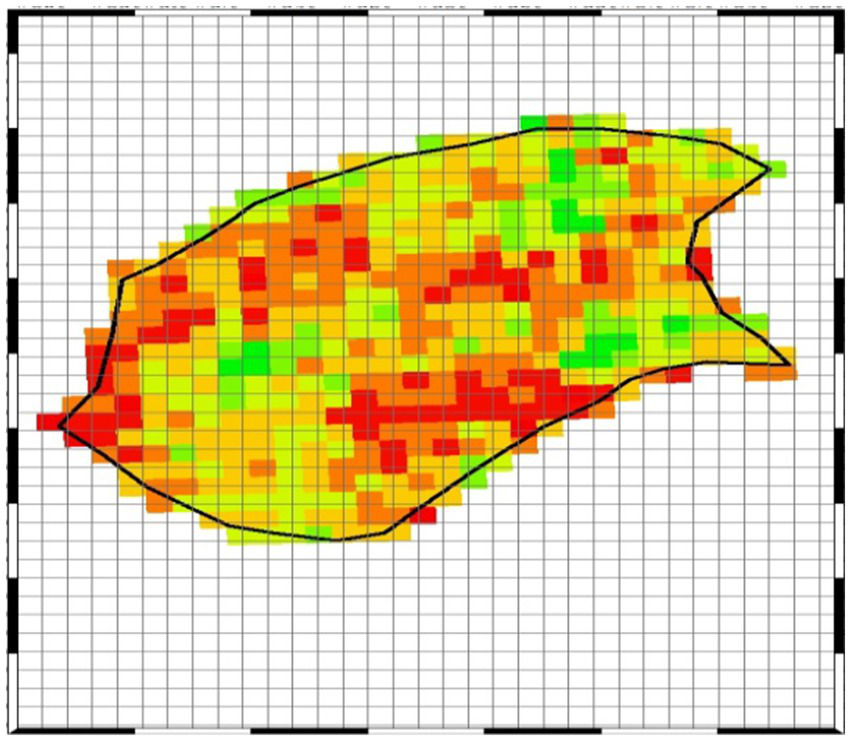 Color-coded heat map on a grid background, showing an irregular shape outlined in black. The shape contains red, orange, yellow, and green squares, indicating varying data intensity levels.