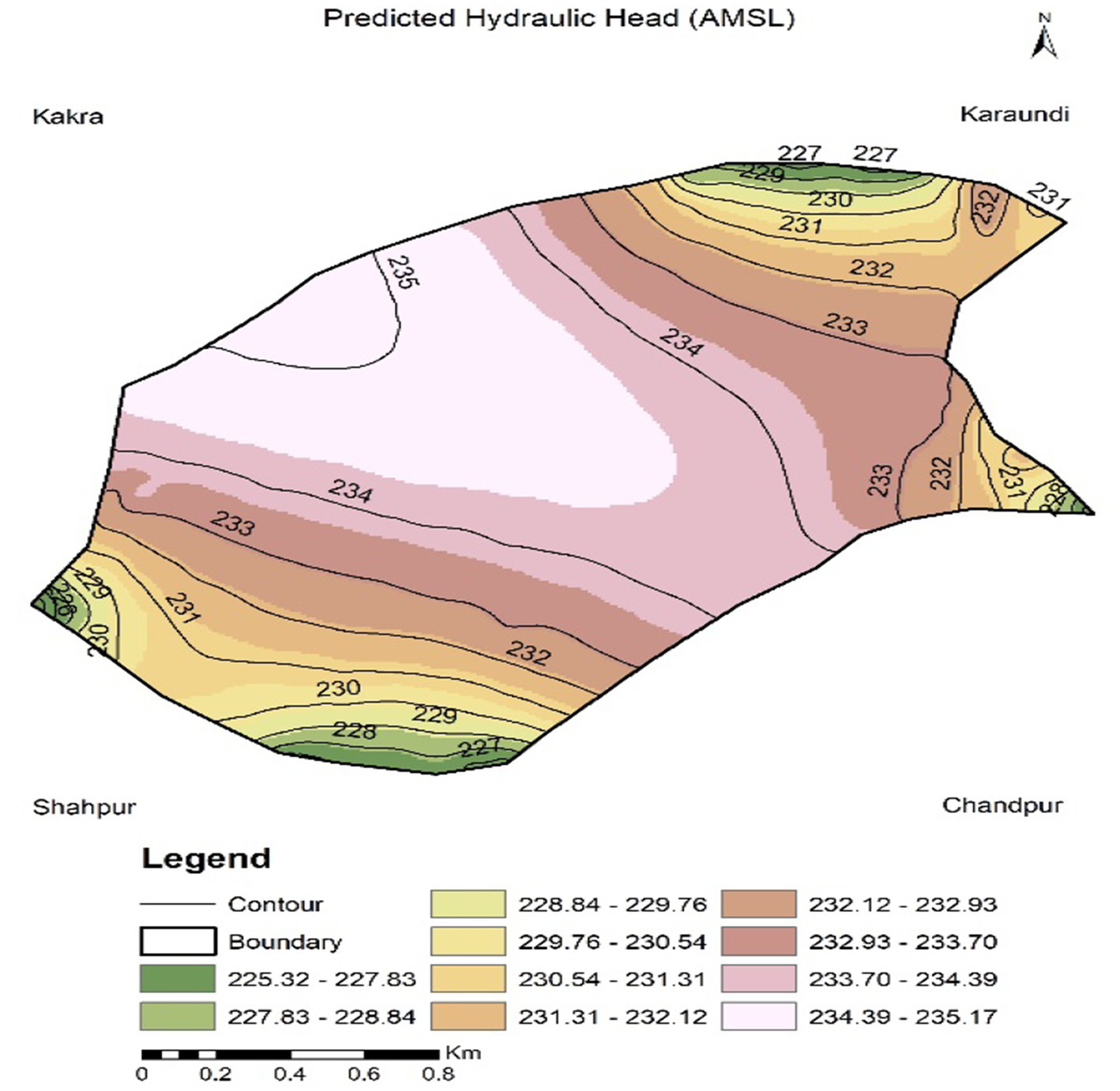 Map showing predicted hydraulic head above mean sea level with contours and color-coded elevation ranges from 225.32 to 235.17 meters. Key locations labeled include Kakra, Karaundi, Shahpur, and Chandpur. A legend indicates elevation intervals.