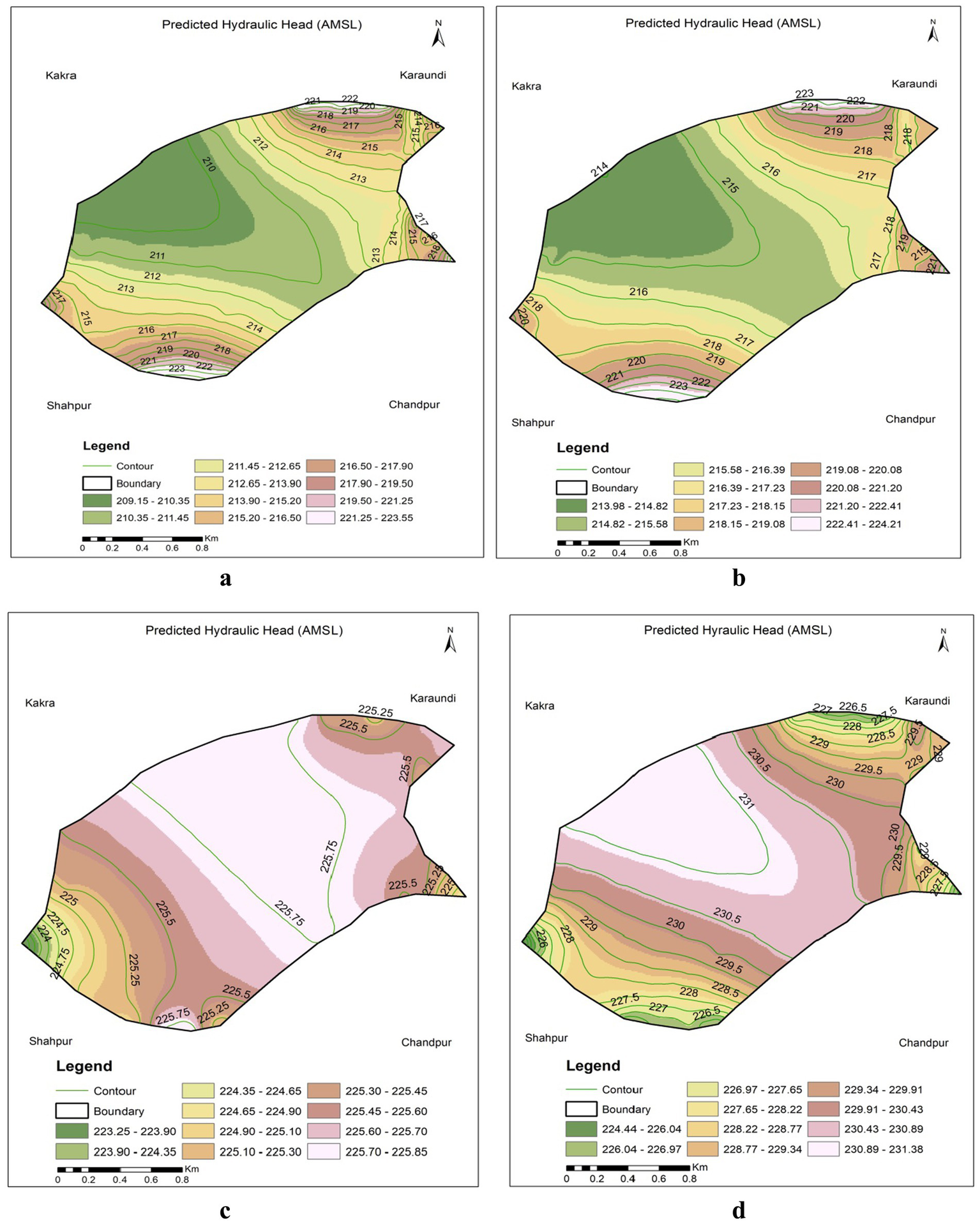 Map graphics labeled a to d show predicted hydraulic head units above mean sea level (AMSL) for a region. Each map presents contour lines and color gradients indicating different hydraulic head levels. Legends provide color-coded ranges. Panels a and b display lower ranges, while c and d show higher ranges, with c and d indicating potential higher hydraulic pressures. Boundaries and areas like Kakra, Karaundi, Shahpur, and Chandpur are marked. A scale indicates distance in kilometers.