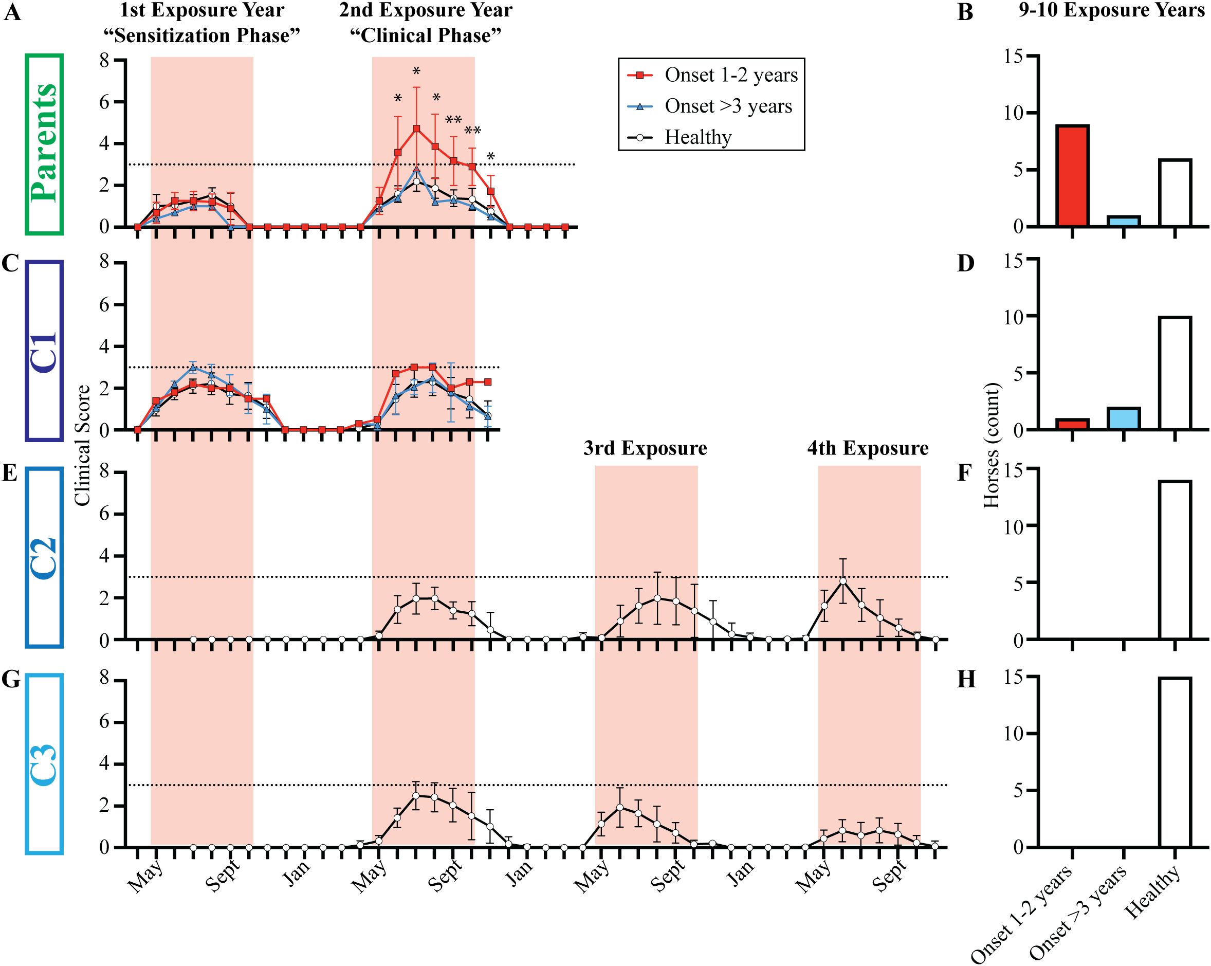 Grouped graphs illustrating clinical scores and allergy onset over exposure years. Panels A, C, E, G show clinical scores for parents and groups C1, C2, and C3, with increasing clinical signs during exposure phases. Panels B, D, F, H depict the number of horses (horse counts) that had allergy onset after one to two years, allergy onset after three years, or remained healthy. Significant differences are indicated with asterisks in panel A.