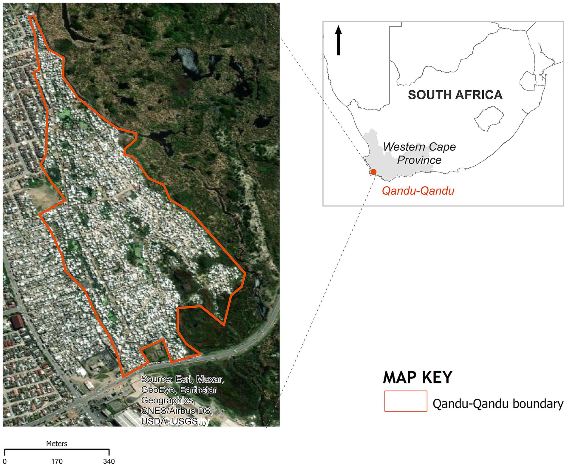 Satellite image showing the Qandu-Qandu area outlined in orange within the Western Cape Province in South Africa. Inset map shows the location on a map of South Africa, with Qandu-Qandu marked. Map key indicates the boundary of Qandu-Qandu.