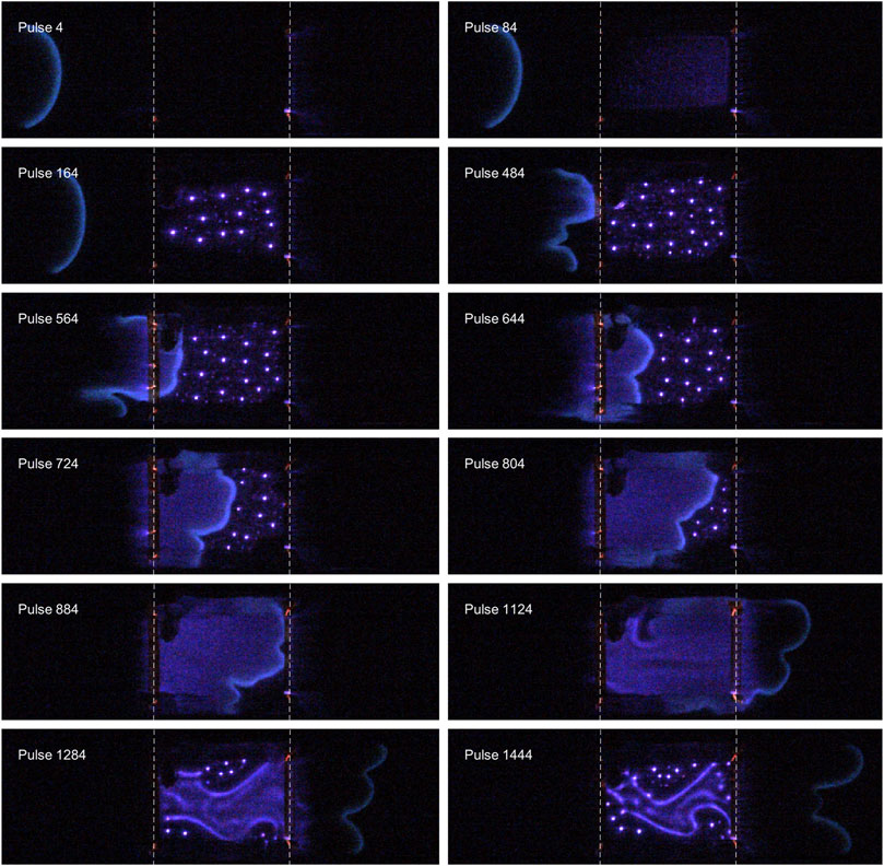 Twelve images showing a progression of purple glow discharges labeled by pulse number. Each panel, from Pulse 4 to Pulse 1444, displays a dark background with varied patterns of glowing purple dots and shapes, indicating energy activity or plasma distribution.