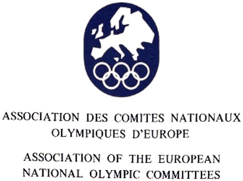 Logo of the Association of the European National Olympic Committees features a white map of Europe above five interlinked Olympic rings inside a blue oval. Text in French and English.